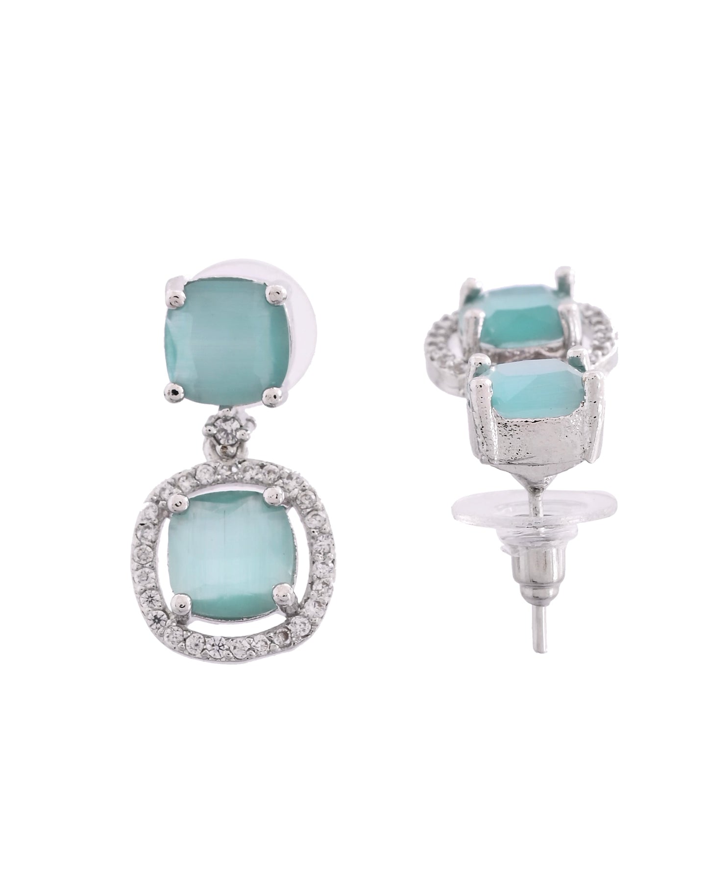 VOJ Silver Plated Sea Green Stone Geometrical Shaped Earrings - Swadesiicart
