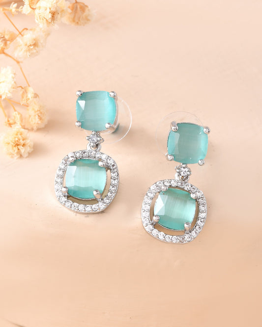 VOJ Silver Plated Sea Green Stone Geometrical Shaped Earrings - Swadesiicart