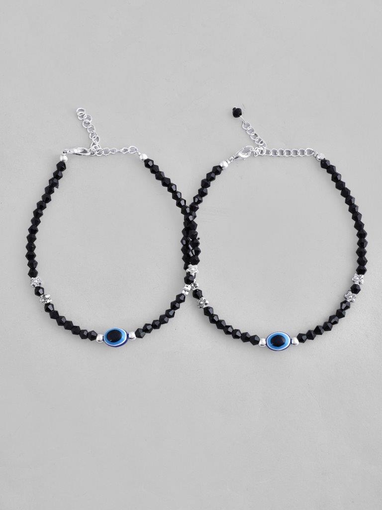 VOJ Set of 2 Silver Plated Beads Evil Eye Anklet - Swadesiicart