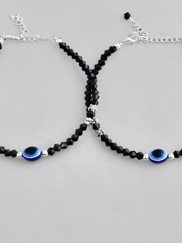 VOJ Set of 2 Silver Plated Beads Evil Eye Anklet - Swadesiicart