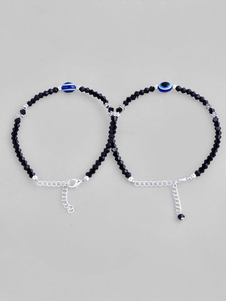 VOJ Set of 2 Silver Plated Beads Evil Eye Anklet - Swadesiicart