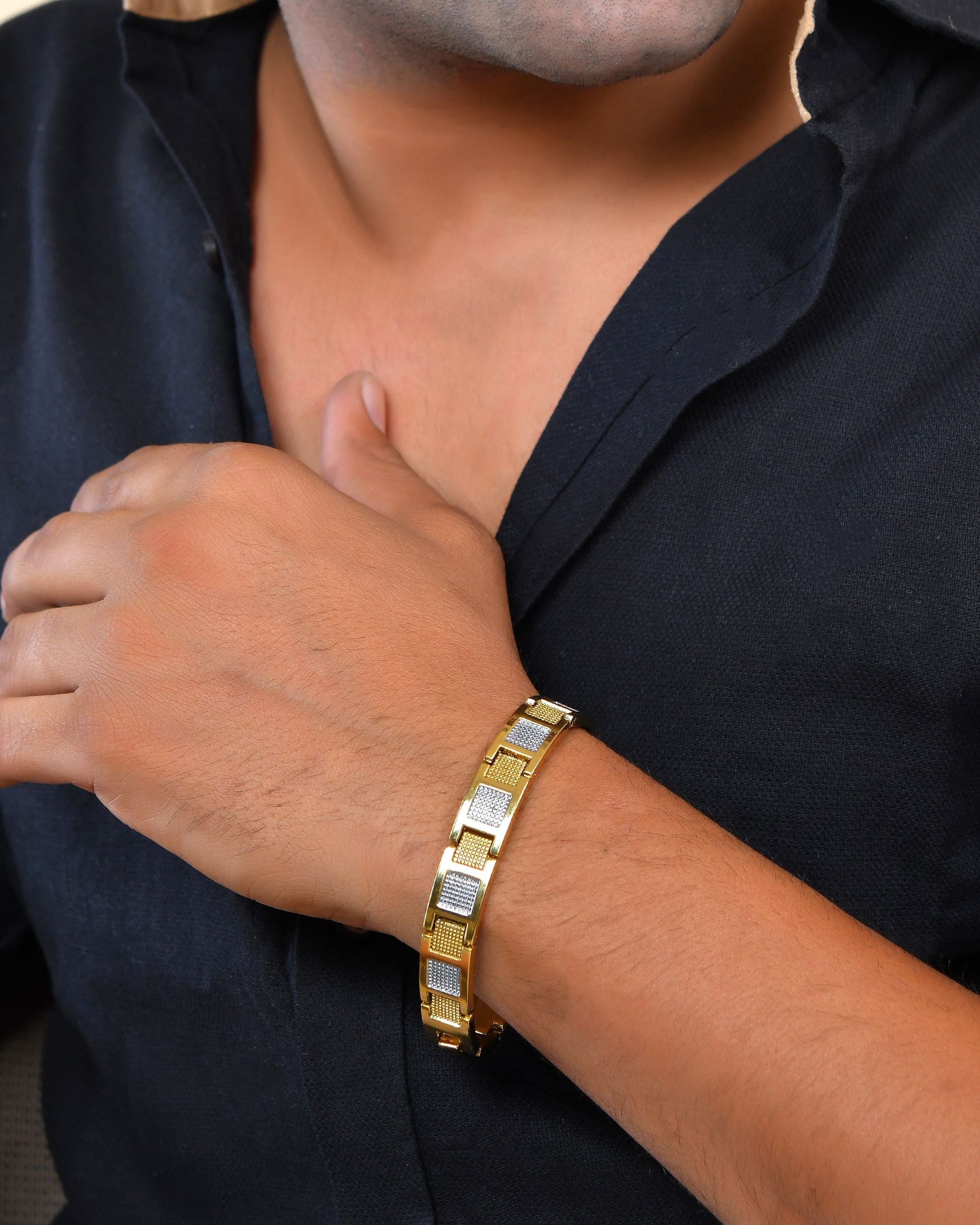 VOJ Men Dual Toned Stylish Stainless Steel Bracelet - Swadesiicart
