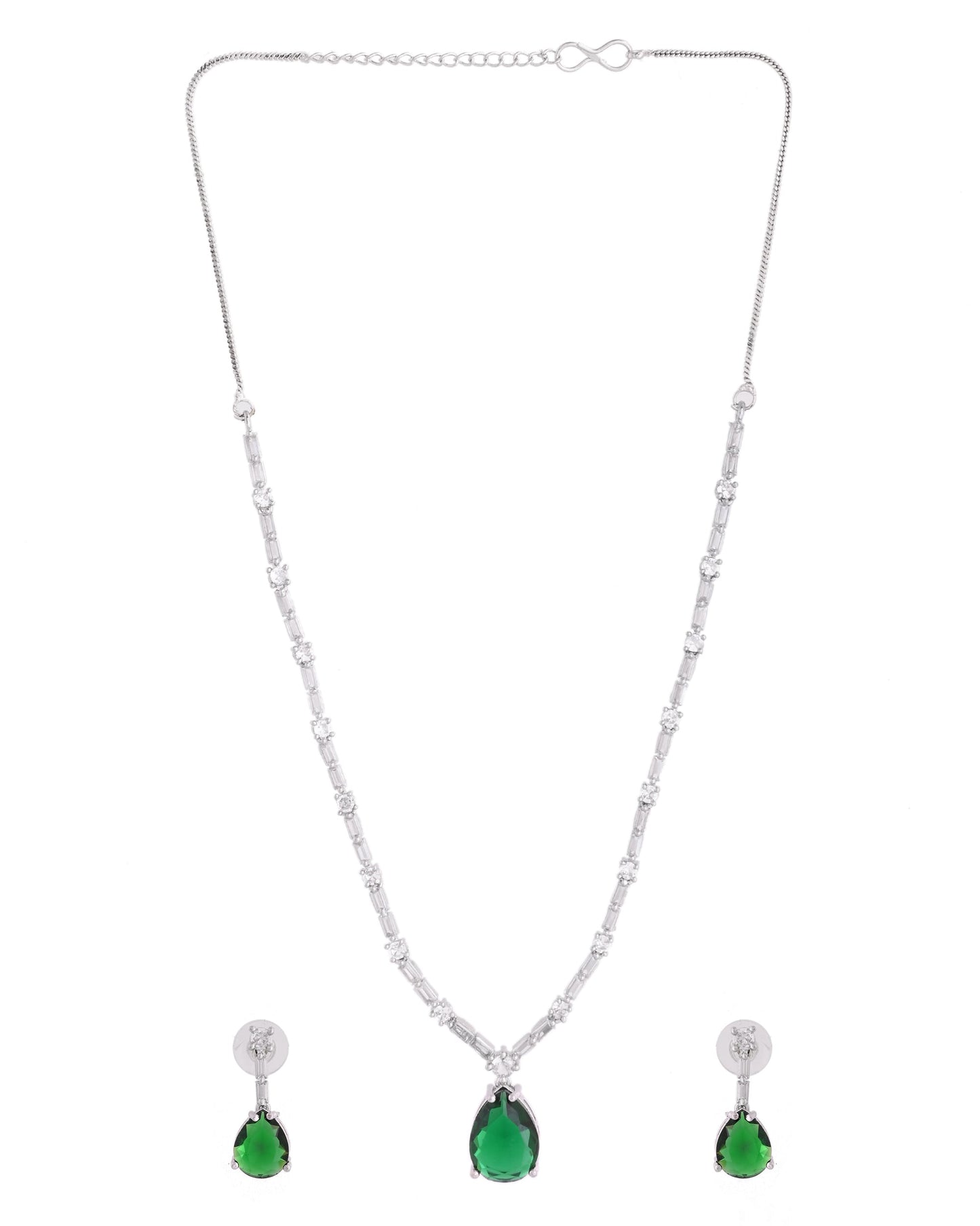 VOJ Silver Plated Green Teardrop Stone Studded Simple Jewellery Set - Swadesiicart