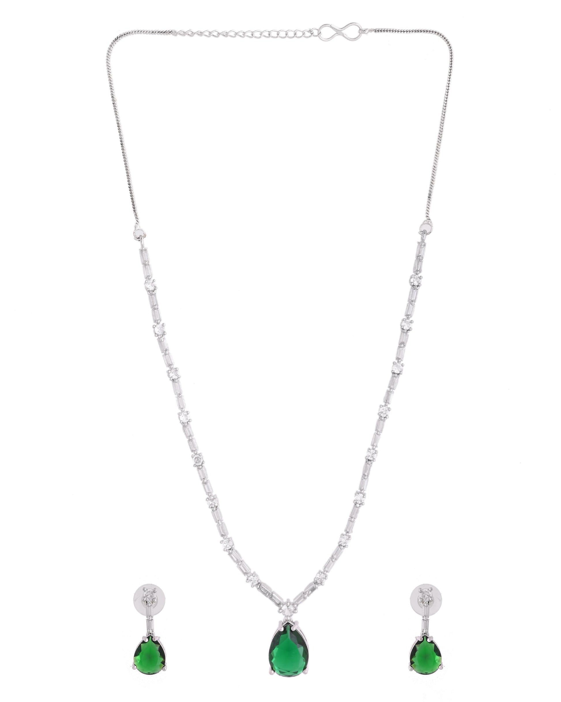 VOJ Silver Plated Green Teardrop Stone Studded Simple Jewellery Set - Swadesiicart