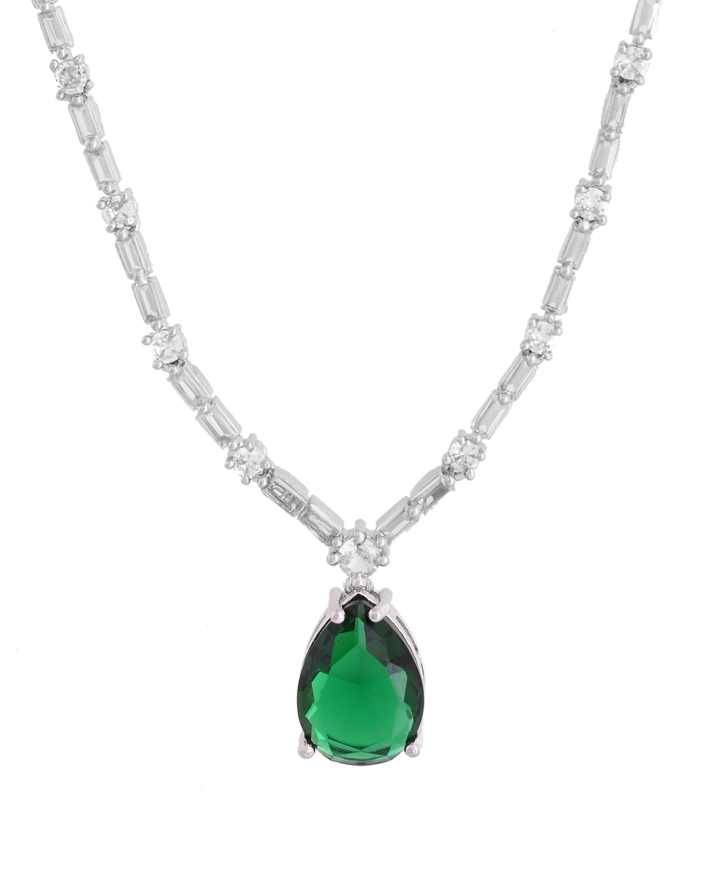 VOJ Silver Plated Green Teardrop Stone Studded Simple Jewellery Set - Swadesiicart