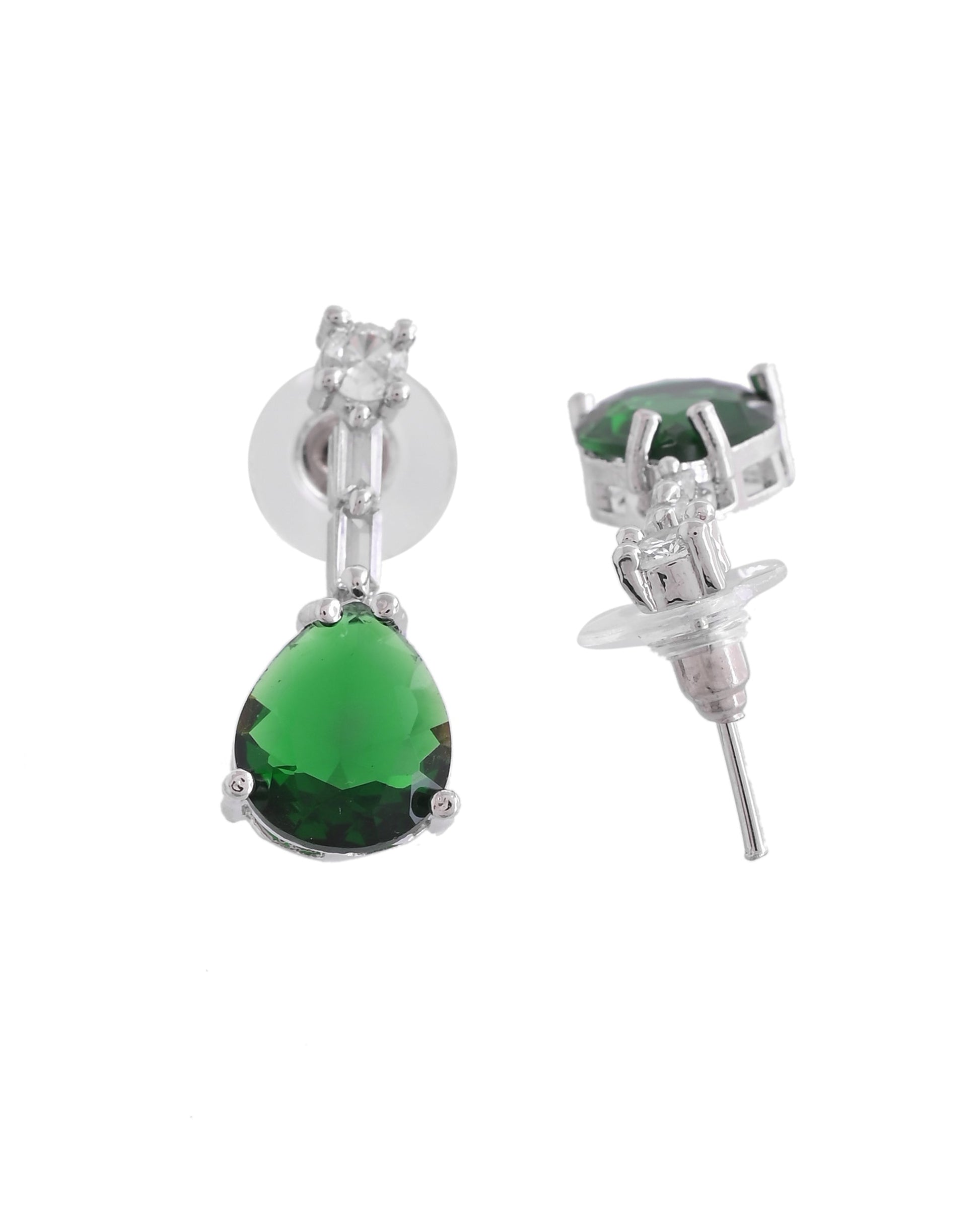 VOJ Silver Plated Green Teardrop Stone Studded Simple Jewellery Set - Swadesiicart
