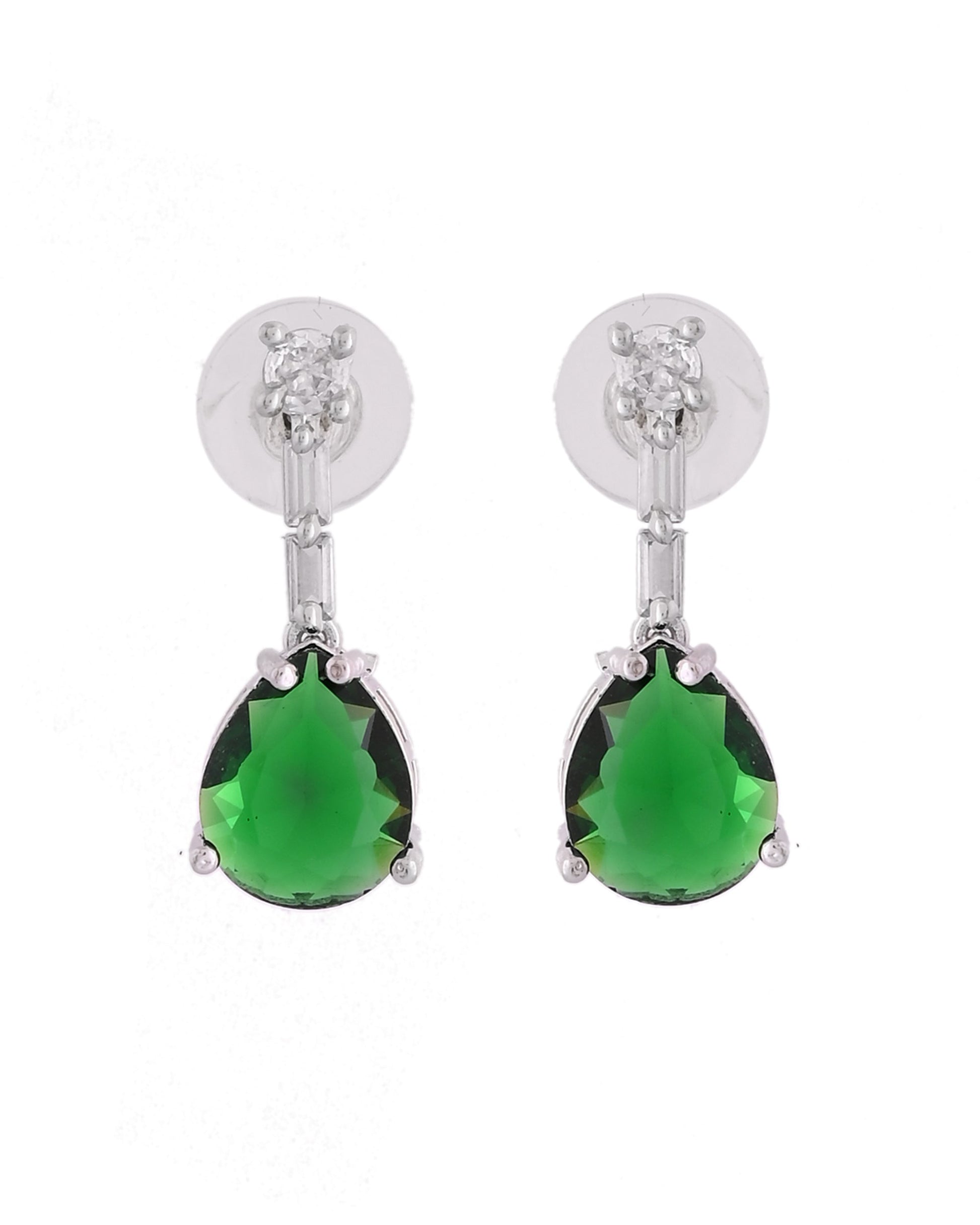 VOJ Silver Plated Green Teardrop Stone Studded Simple Jewellery Set - Swadesiicart
