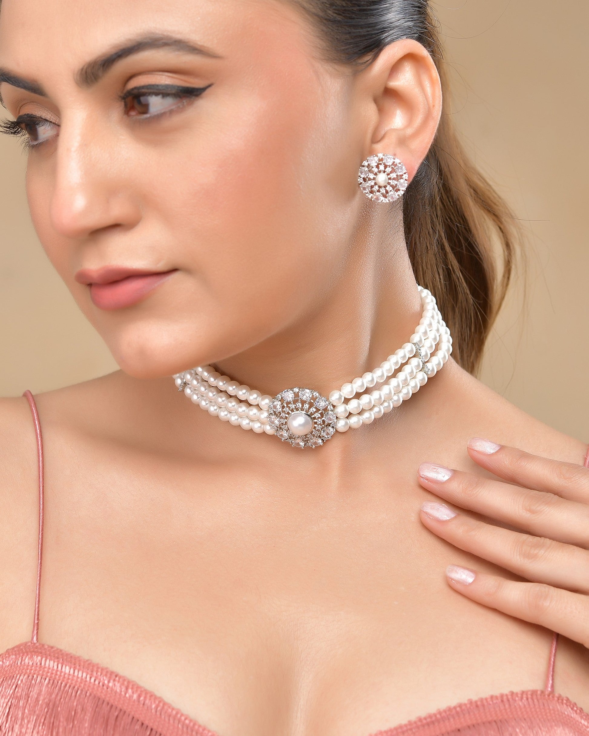 VOJ Silver Plated Pearl And Ad Stone Studded Choker Necklace With Earrings Set | Swadesiicart