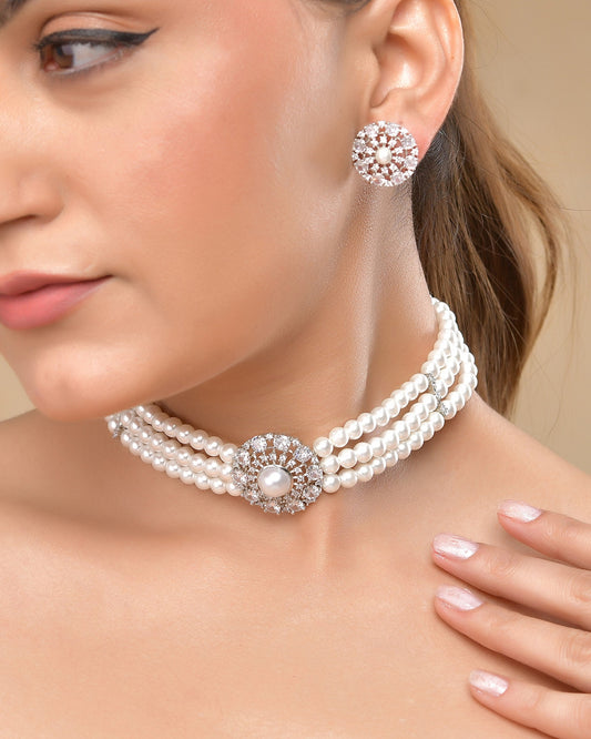 VOJ Silver Plated Pearl And Ad Stone Studded Choker Necklace With Earrings Set | Swadesiicart