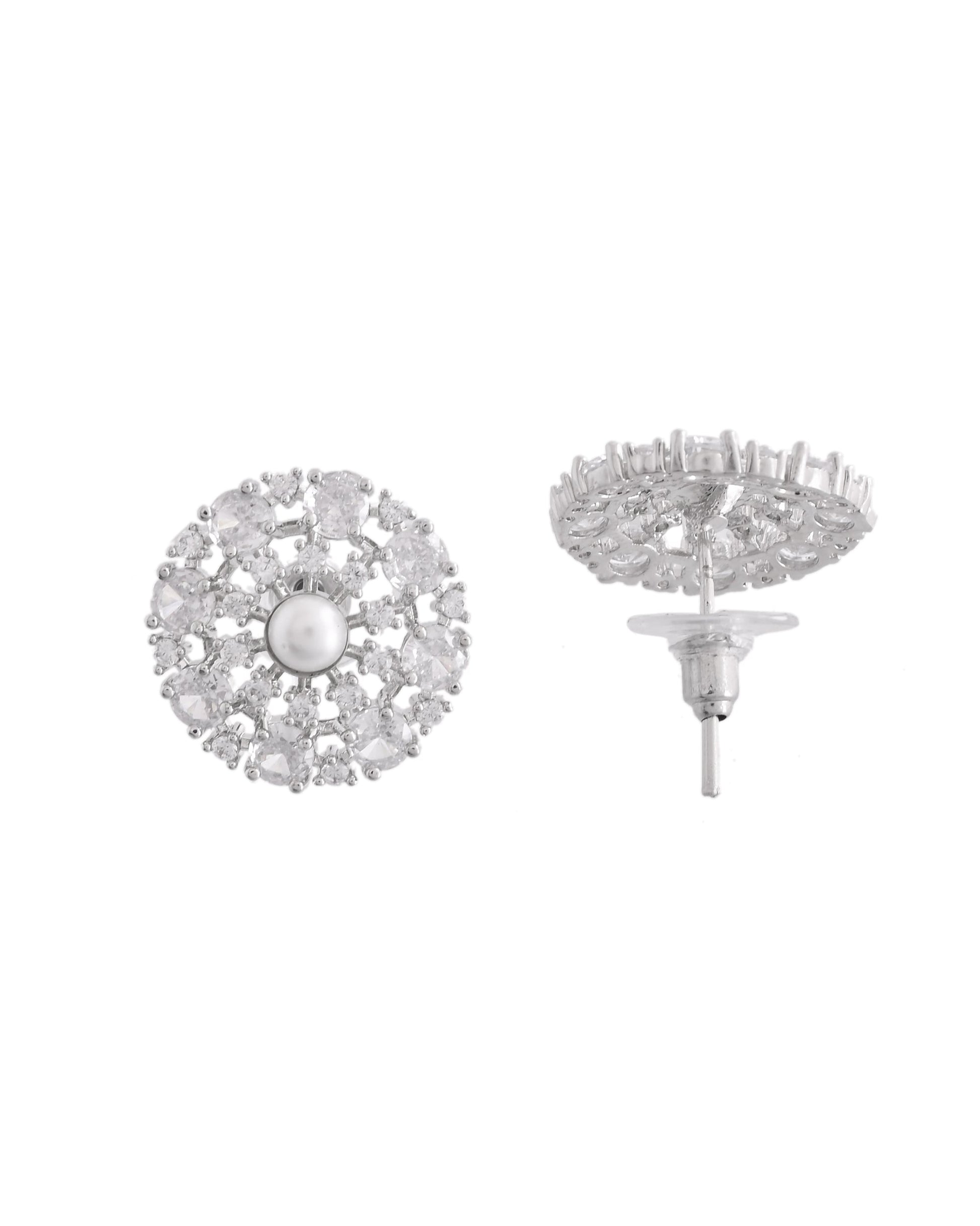 VOJ Silver Plated Pearl And Ad Stone Studded Choker Necklace With Earrings Set | Swadesiicart