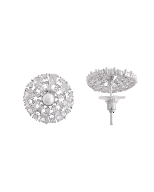 VOJ Silver Plated Pearl And Ad Stone Studded Choker Necklace With Earrings Set | Swadesiicart