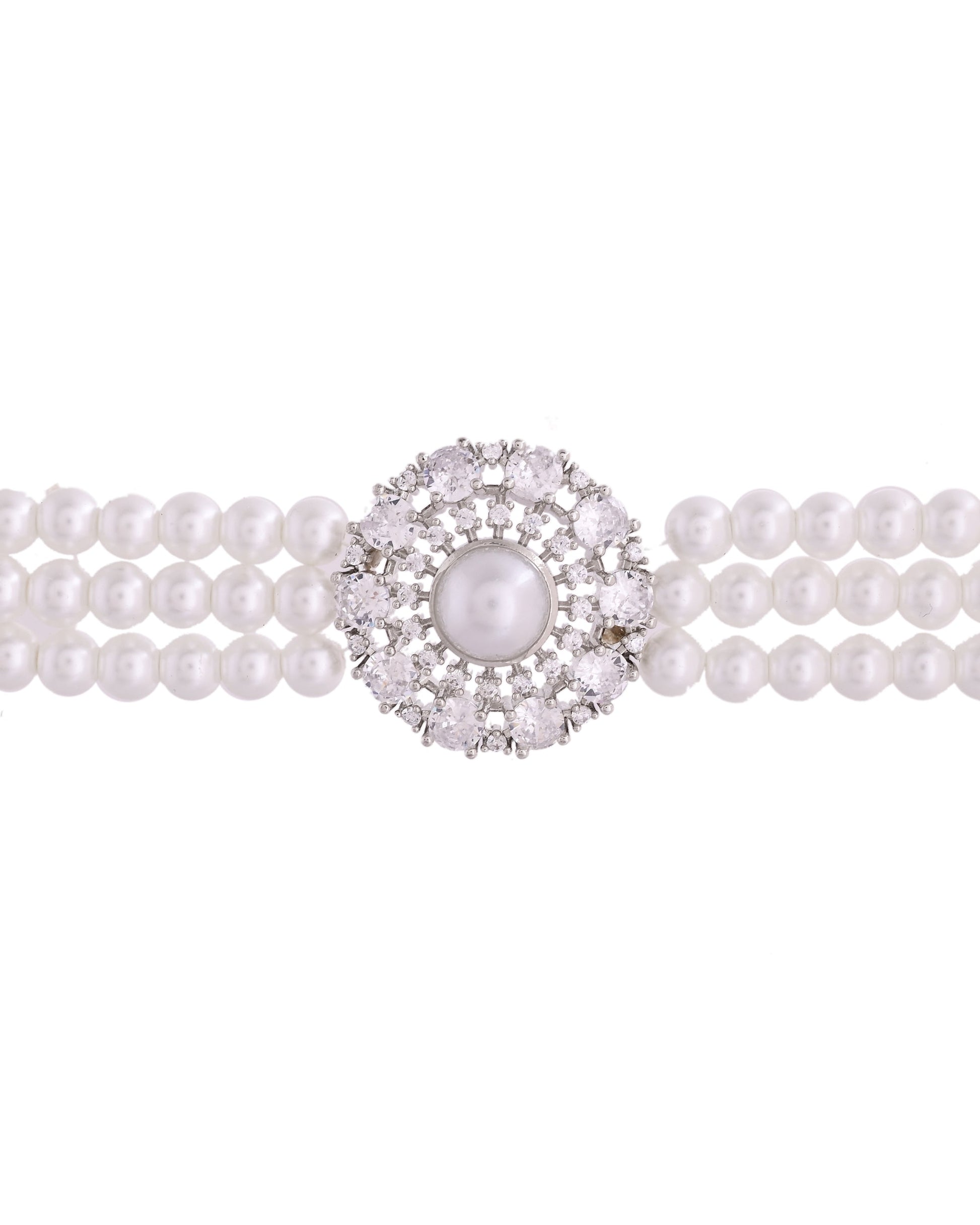 VOJ Silver Plated Pearl And Ad Stone Studded Choker Necklace With Earrings Set | Swadesiicart