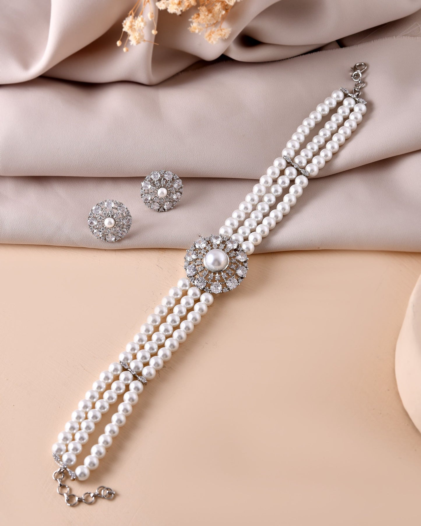 VOJ Silver Plated Pearl And Ad Stone Studded Choker Necklace With Earrings Set | Swadesiicart