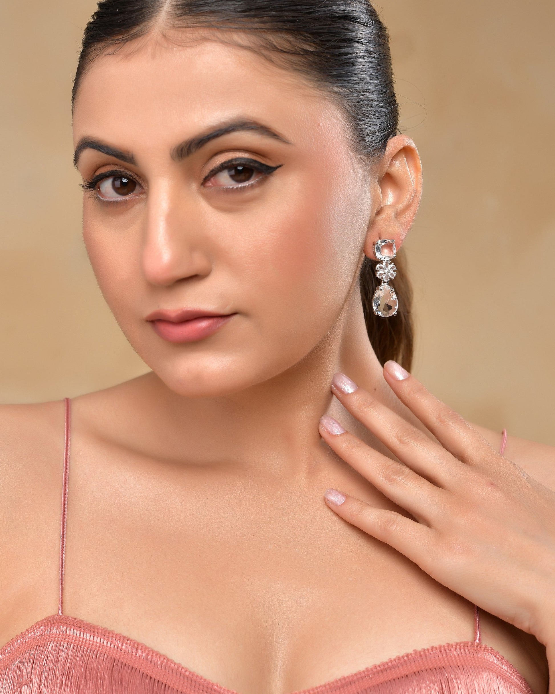 VOJ Silver Plated Stone Studded Floral Shaped Studs Earrings - Swadesiicart