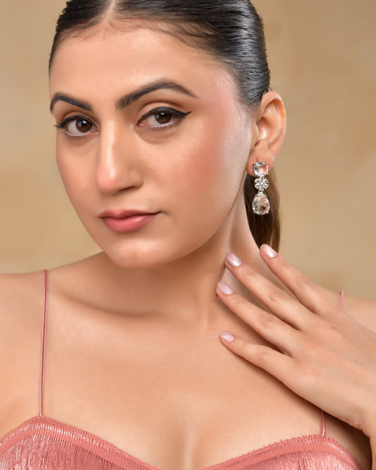 VOJ Silver Plated Stone Studded Floral Shaped Studs Earrings - Swadesiicart