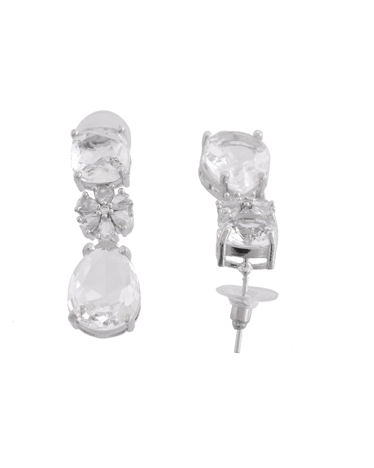 VOJ Silver Plated Stone Studded Floral Shaped Studs Earrings - Swadesiicart