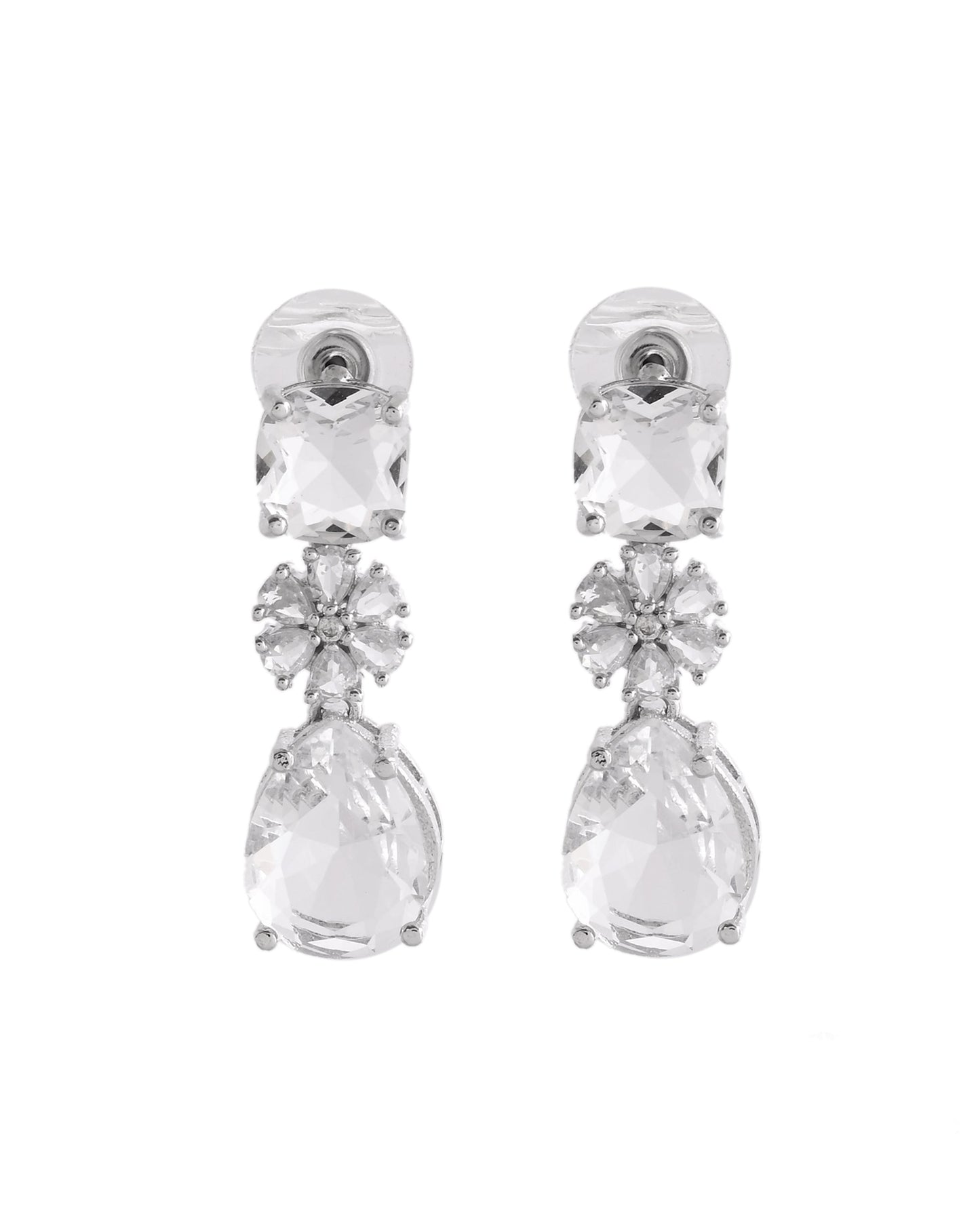 VOJ Silver Plated Stone Studded Floral Shaped Studs Earrings - Swadesiicart