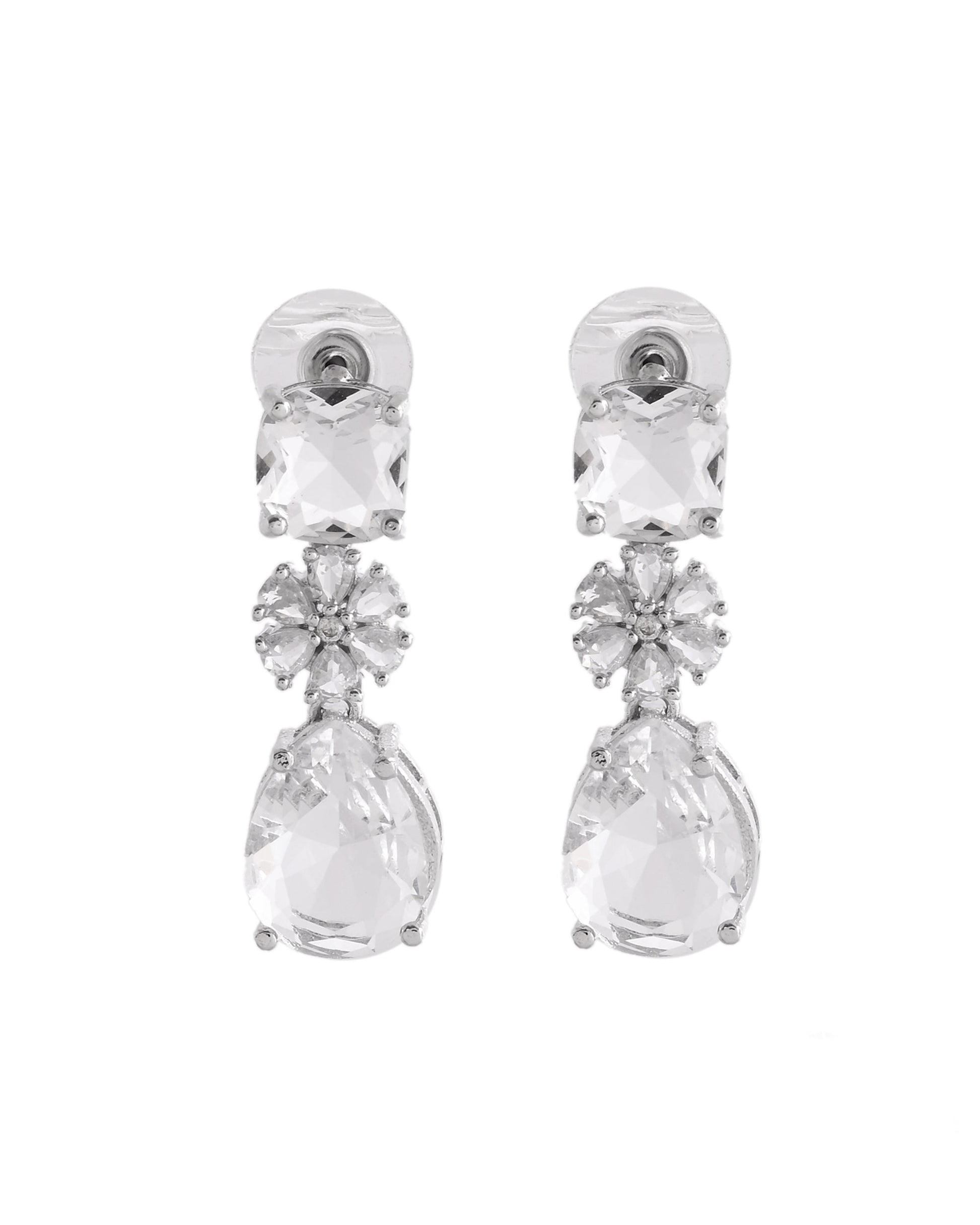 VOJ Silver Plated Stone Studded Floral Shaped Studs Earrings - Swadesiicart