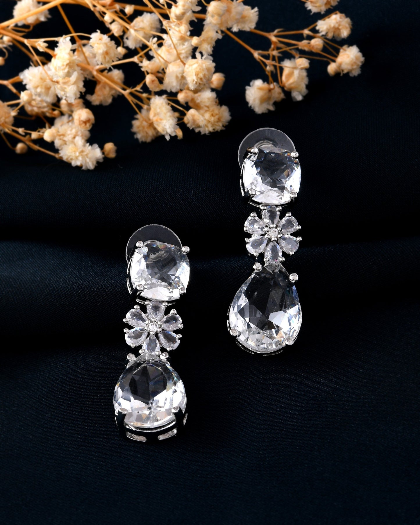 VOJ Silver Plated Stone Studded Floral Shaped Studs Earrings - Swadesiicart