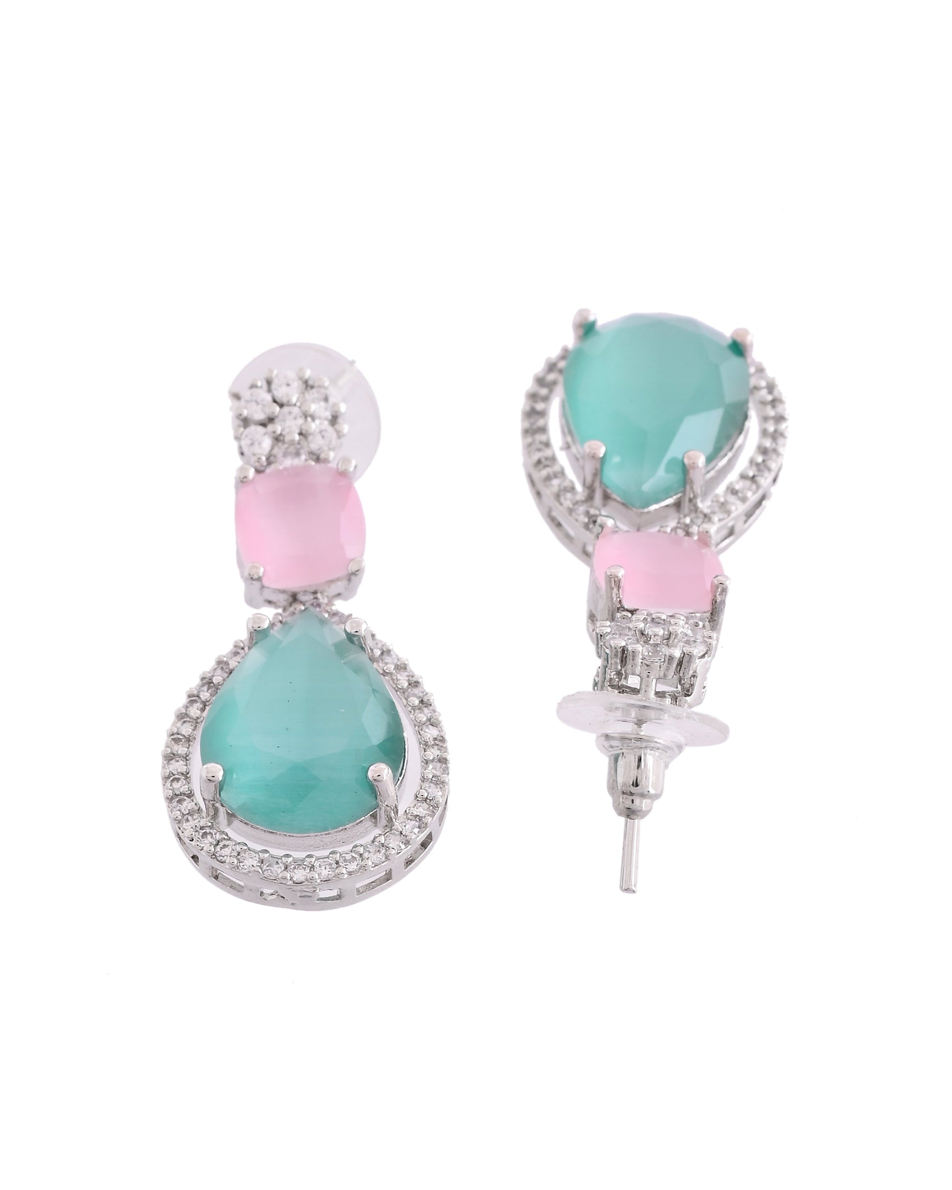 VOJ Silver Plated Teal And Pink Stone Studded Elegant Earrings - Swadesiicart