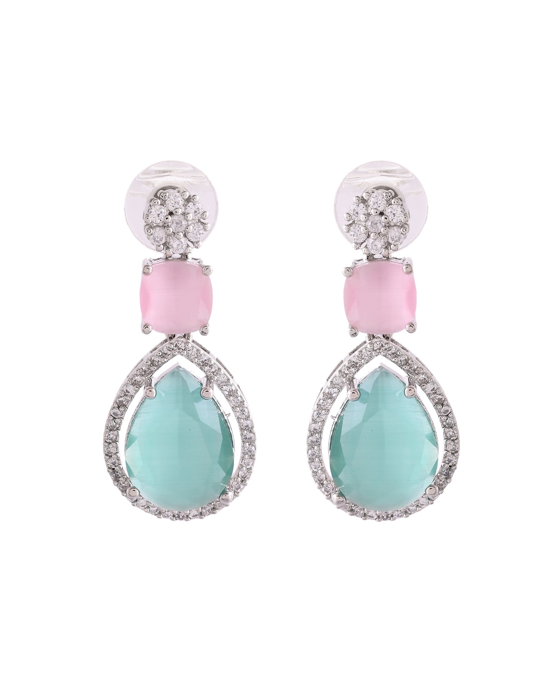 VOJ Silver Plated Teal And Pink Stone Studded Elegant Earrings - Swadesiicart