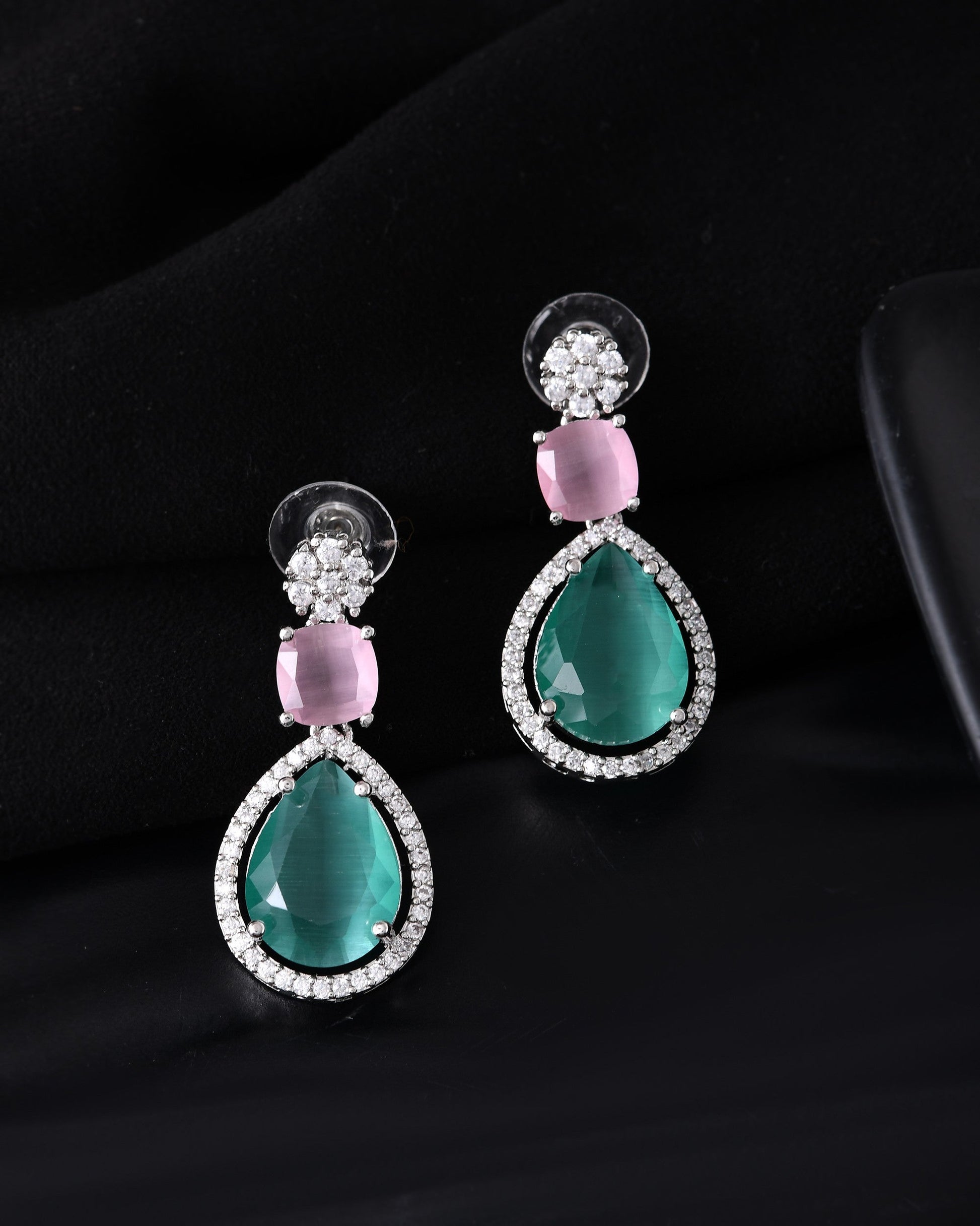VOJ Silver Plated Teal And Pink Stone Studded Elegant Earrings - Swadesiicart