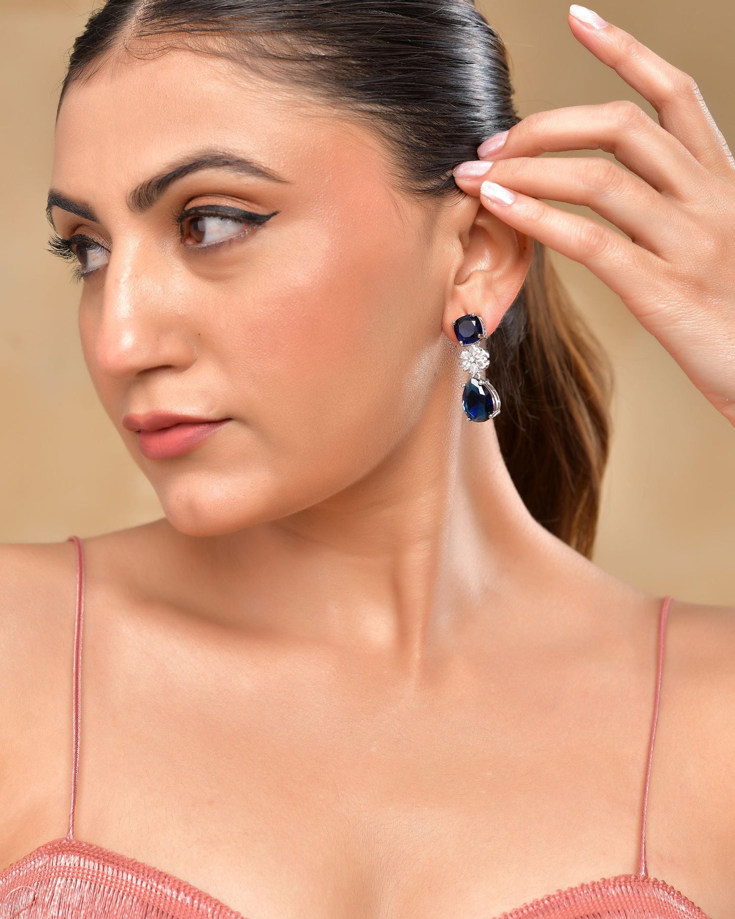 VOJ Silver Plated Blue Stone Studded Floral Shaped Studs Earrings - Swadesiicart