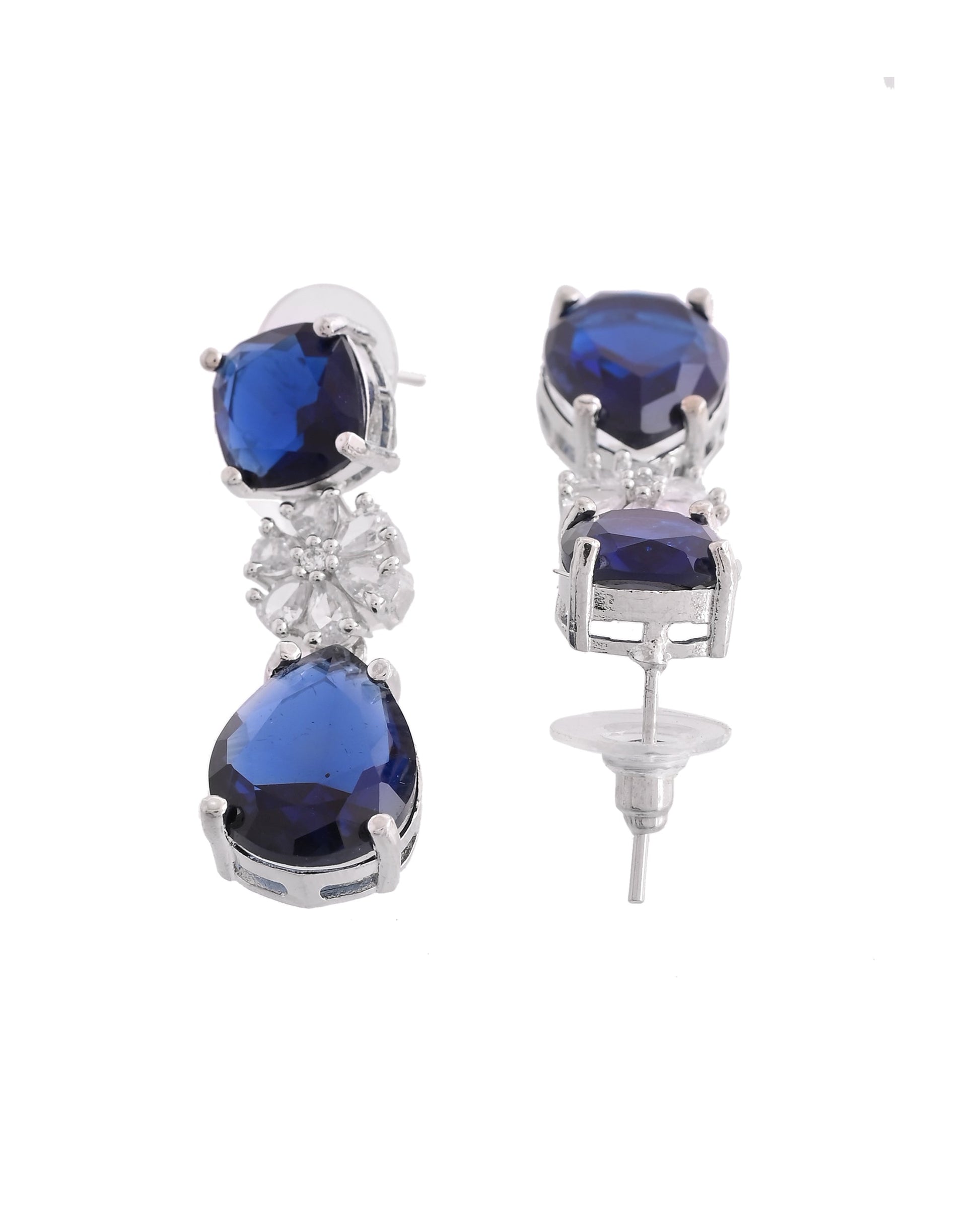 VOJ Silver Plated Blue Stone Studded Floral Shaped Studs Earrings - Swadesiicart