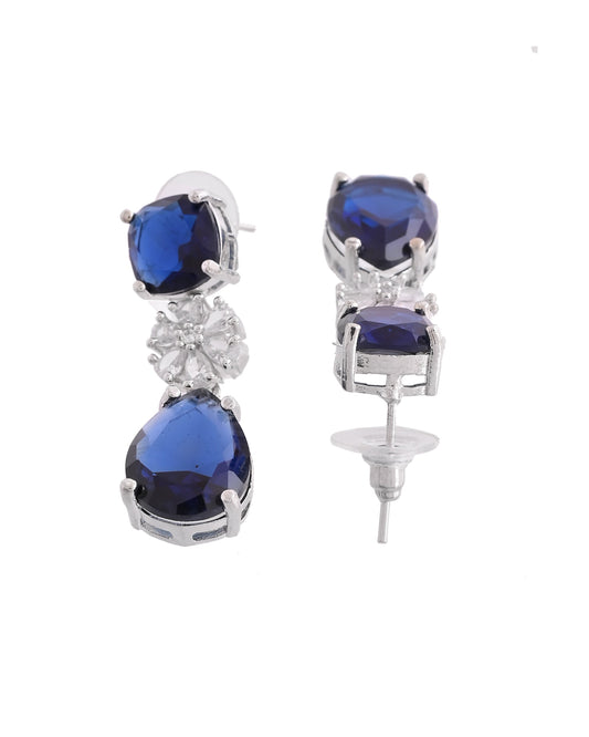 VOJ Silver Plated Blue Stone Studded Floral Shaped Studs Earrings - Swadesiicart