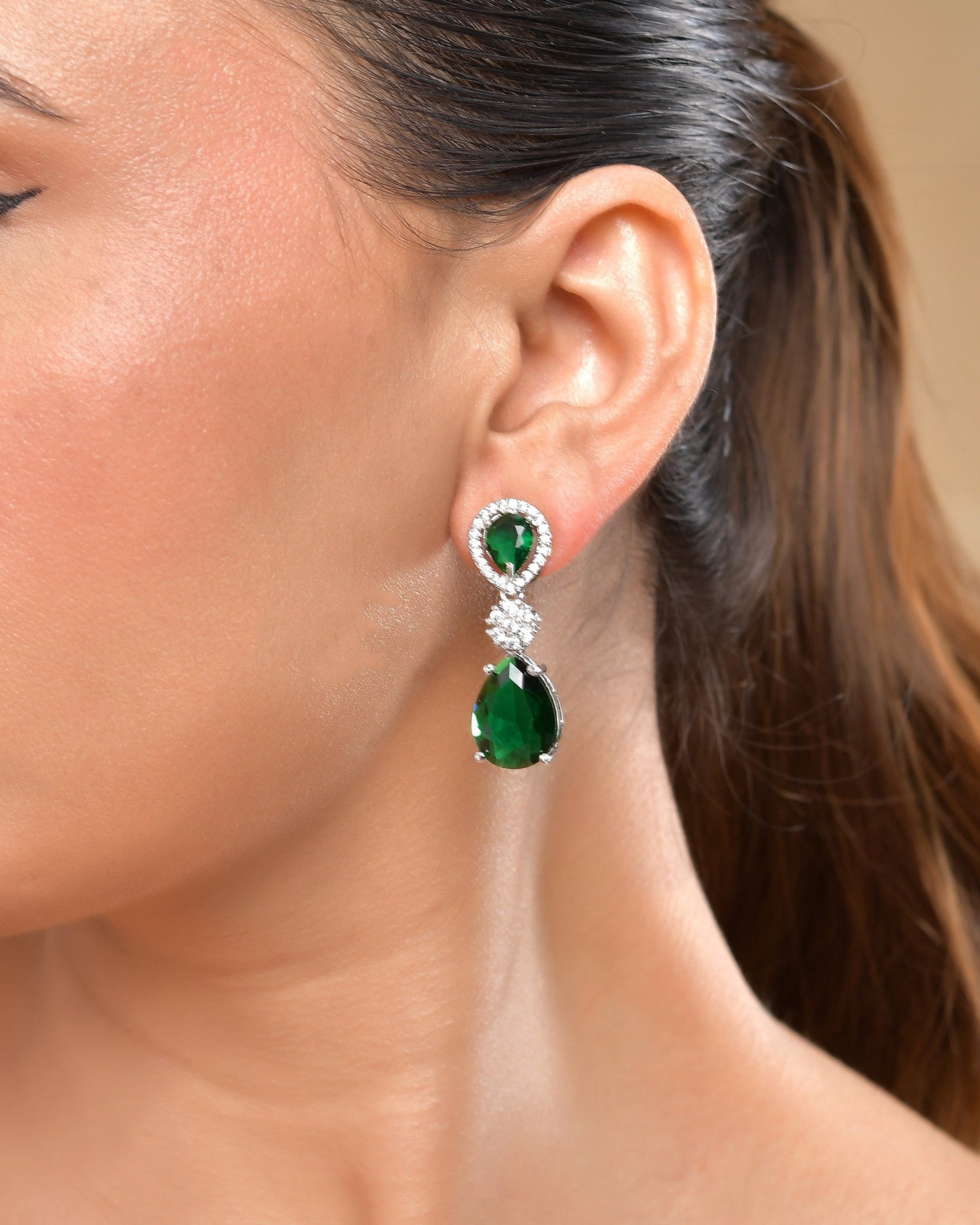 VOJ Silver Plated Green Stone Studded Floral Shaped Studs Earrings - Swadesiicart