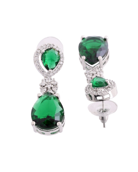 VOJ Silver Plated Green Stone Studded Floral Shaped Studs Earrings - Swadesiicart
