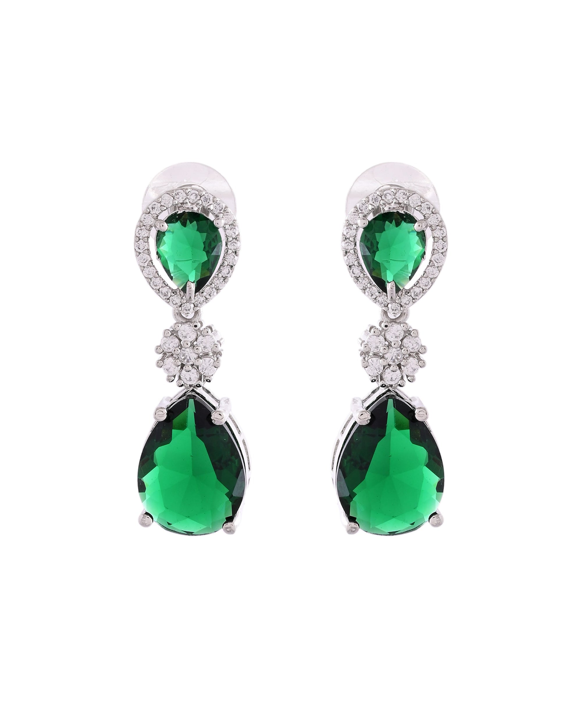 VOJ Silver Plated Green Stone Studded Floral Shaped Studs Earrings - Swadesiicart