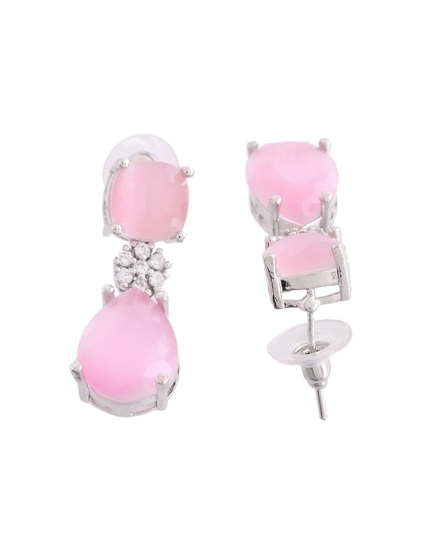 VOJ Silver Plated Baby Pink Stone Studded Floral Shaped Studs Earrings - Swadesiicart
