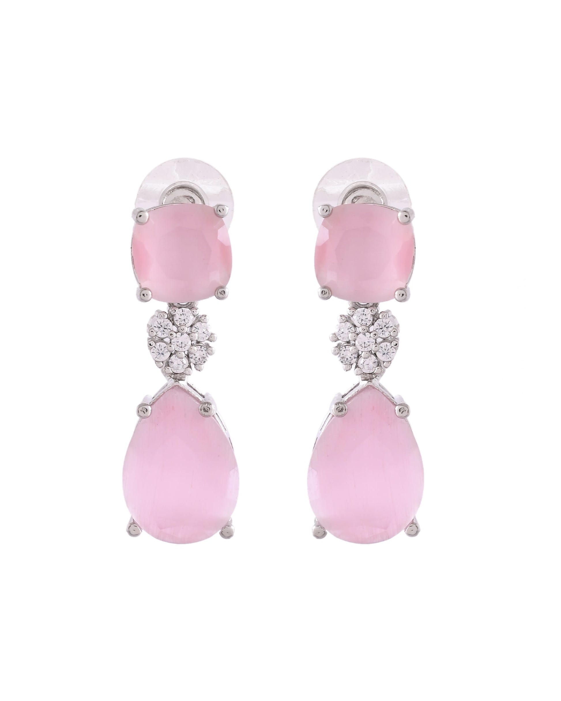 VOJ Silver Plated Baby Pink Stone Studded Floral Shaped Studs Earrings - Swadesiicart