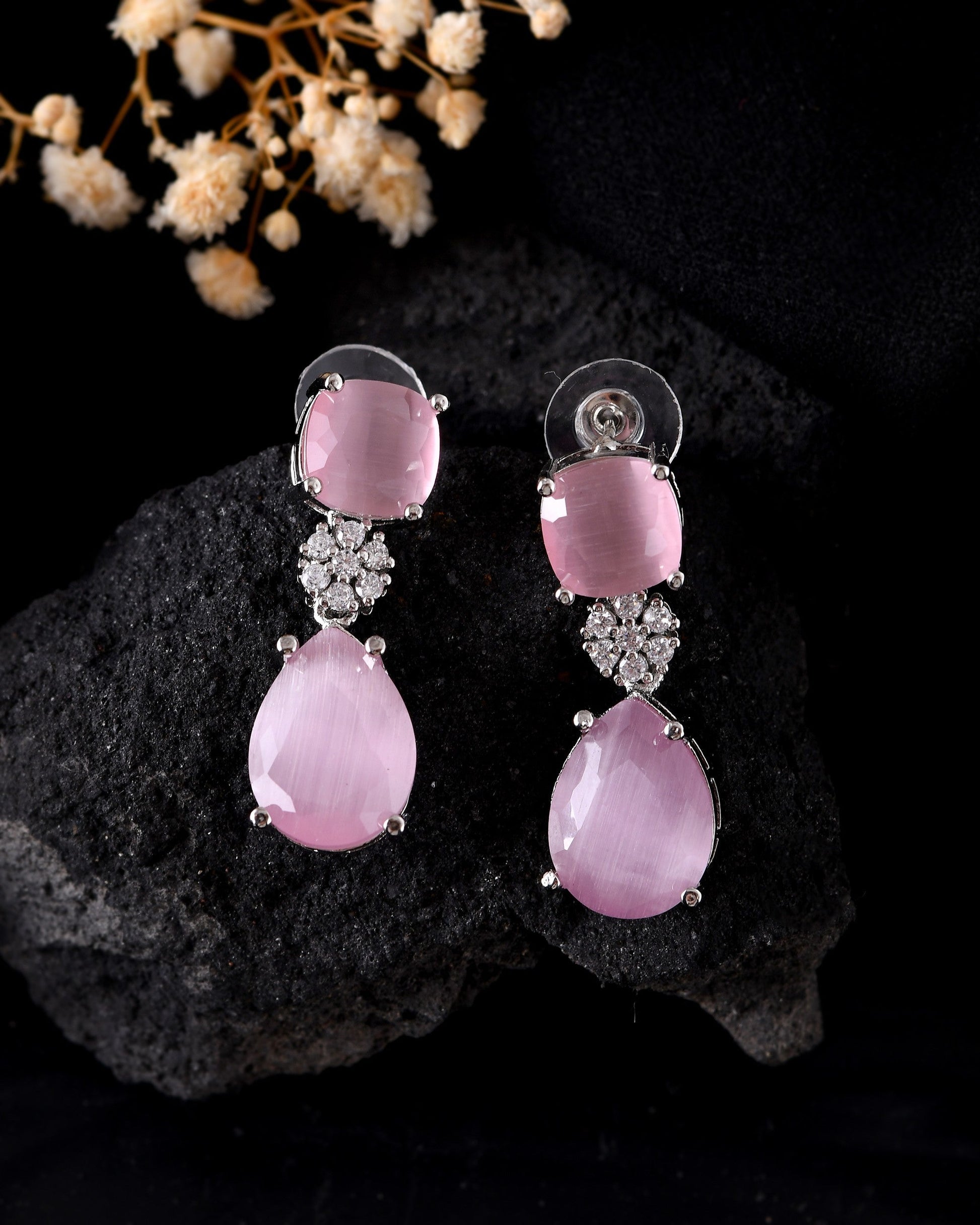 VOJ Silver Plated Baby Pink Stone Studded Floral Shaped Studs Earrings - Swadesiicart