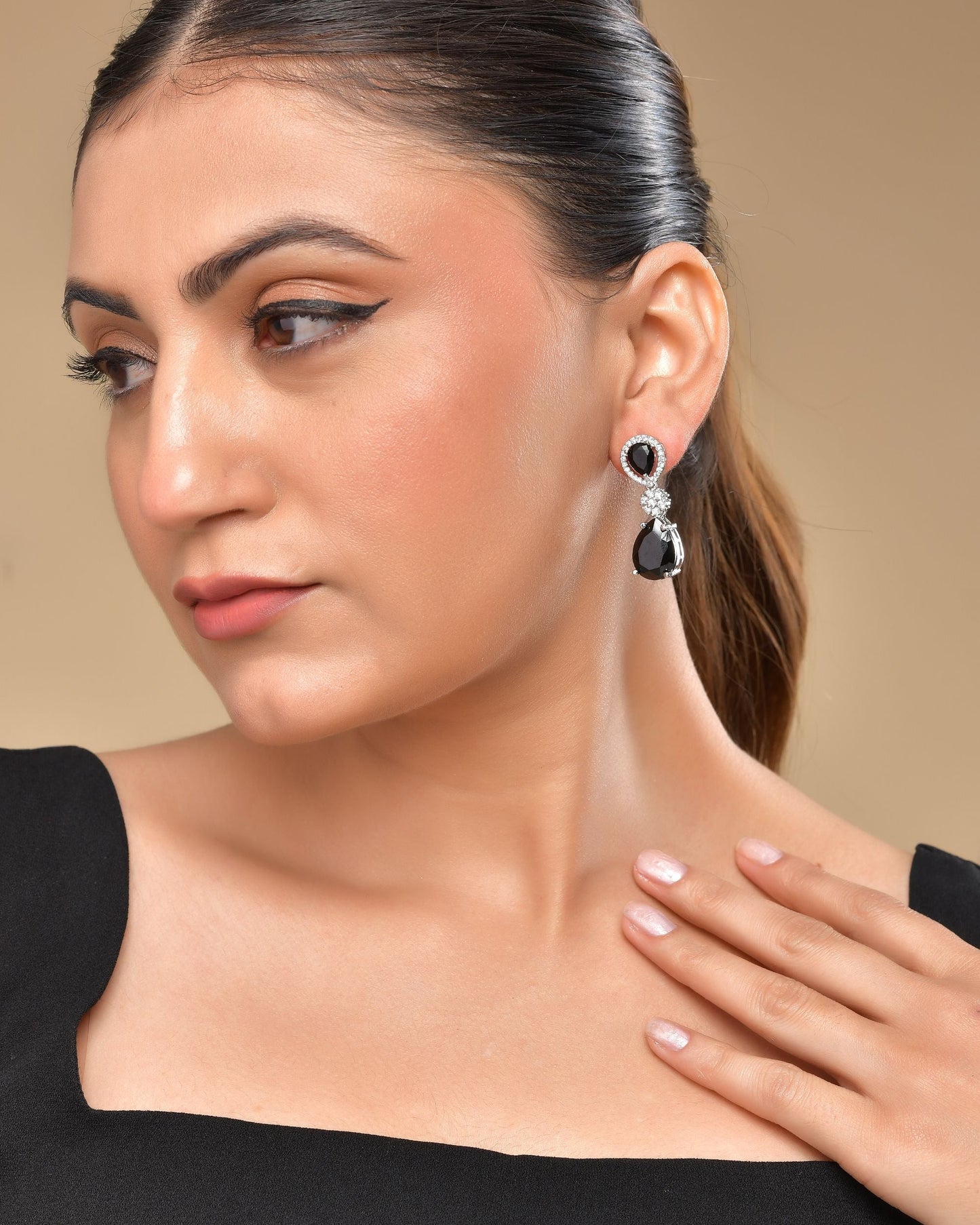 VOJ Silver Plated Black Stone Studded Floral Shaped Studs Earrings - Swadesiicart