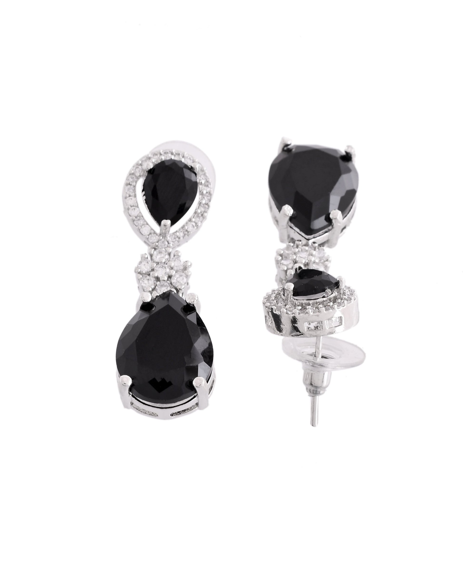 VOJ Silver Plated Black Stone Studded Floral Shaped Studs Earrings - Swadesiicart