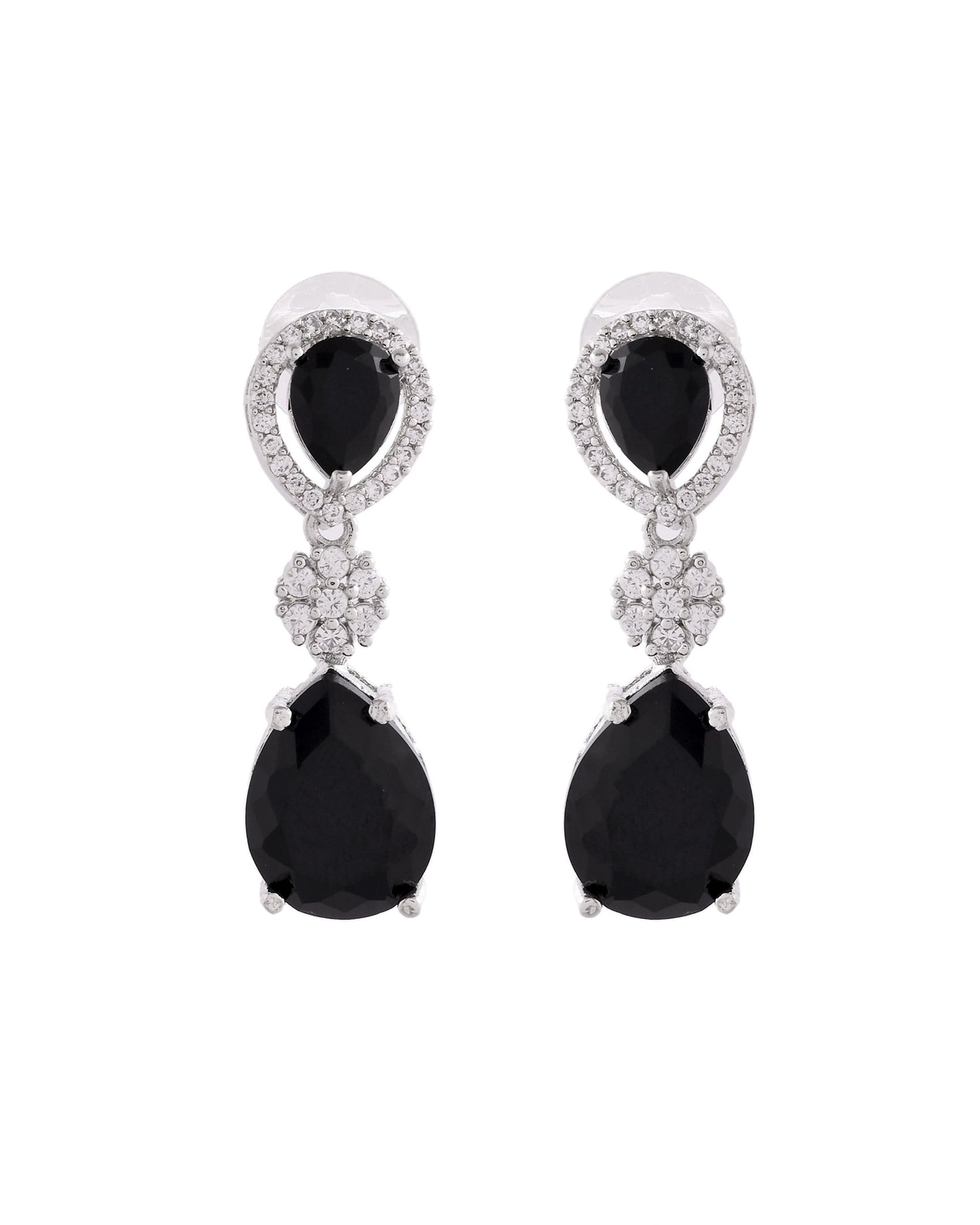VOJ Silver Plated Black Stone Studded Floral Shaped Studs Earrings - Swadesiicart