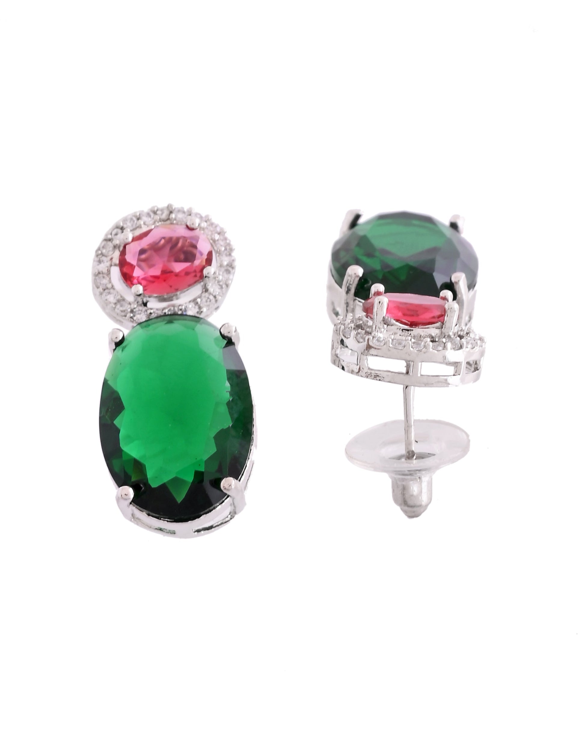 VOJ Silver Plated Green And Red Stone Studded Elegant Ad Earrings - Swadesiicart