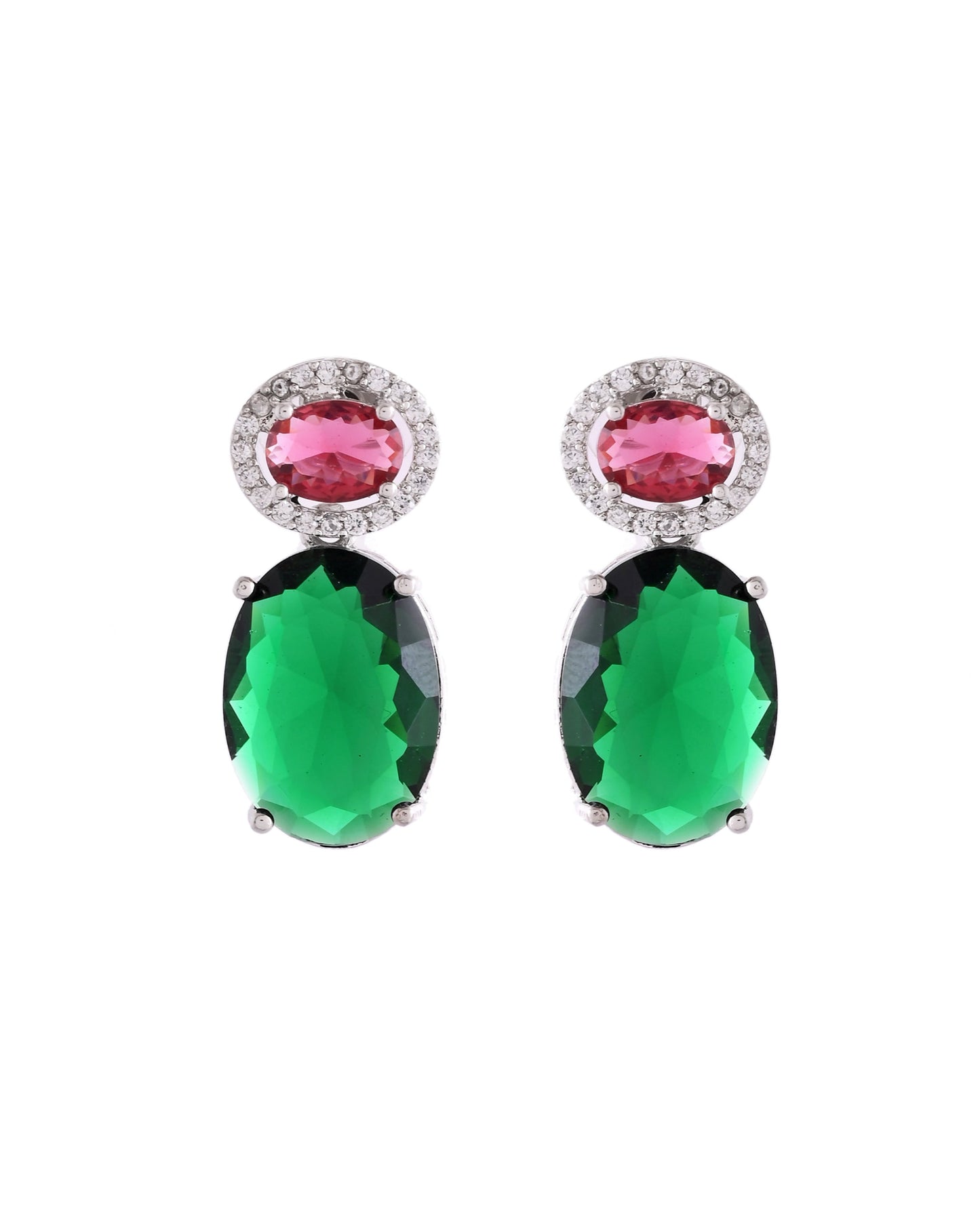VOJ Silver Plated Green And Red Stone Studded Elegant Ad Earrings - Swadesiicart