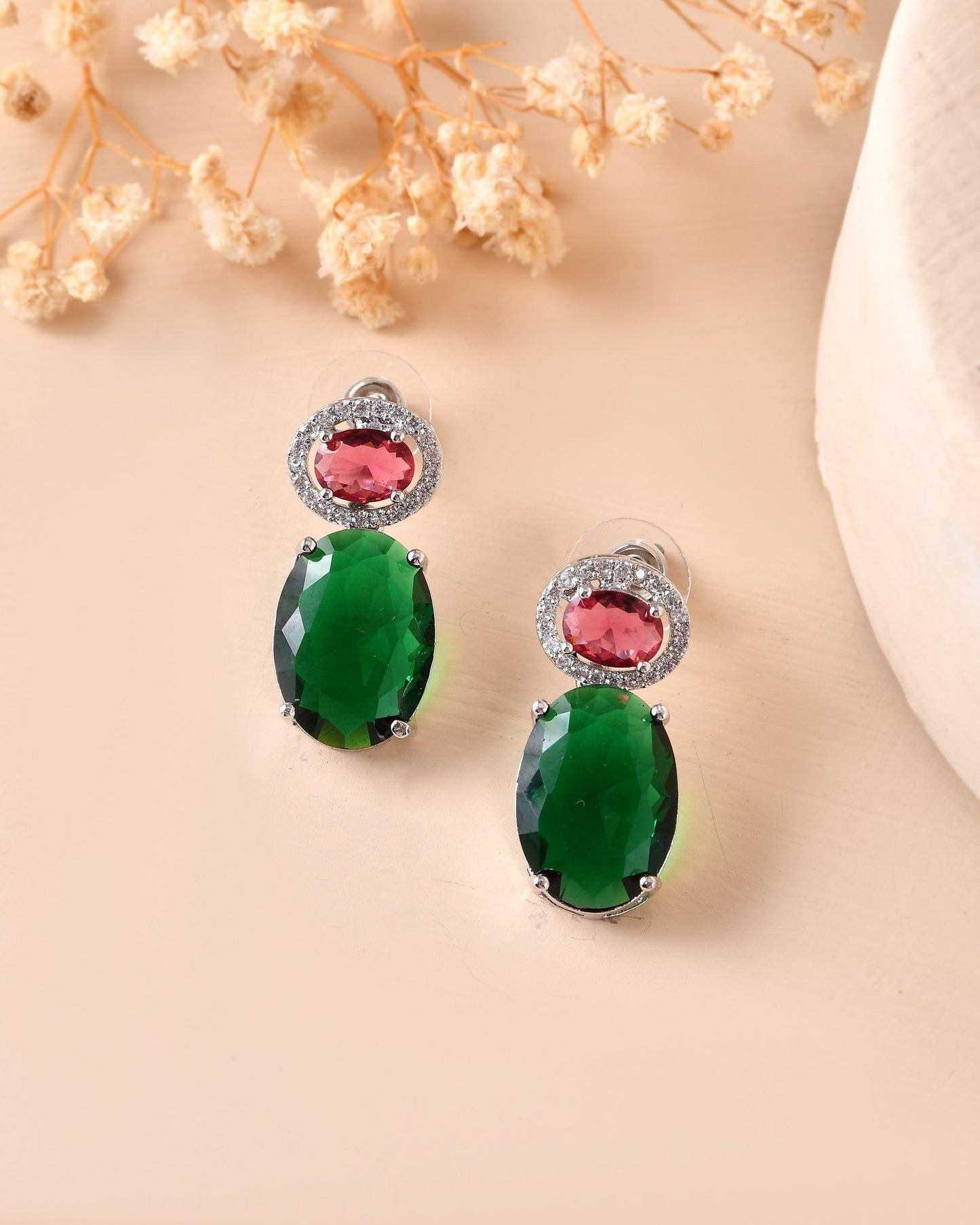 VOJ Silver Plated Green And Red Stone Studded Elegant Ad Earrings - Swadesiicart