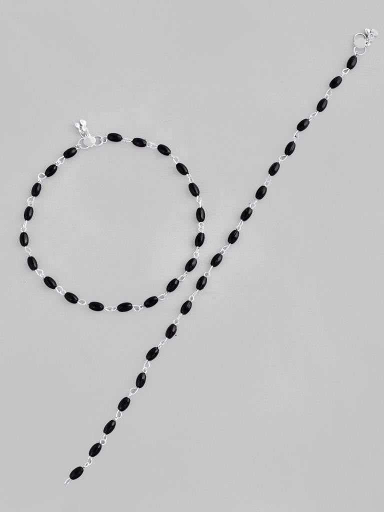 VOJ Set of 2 Silver Plated Black Beads Anklets - Swadesiicart