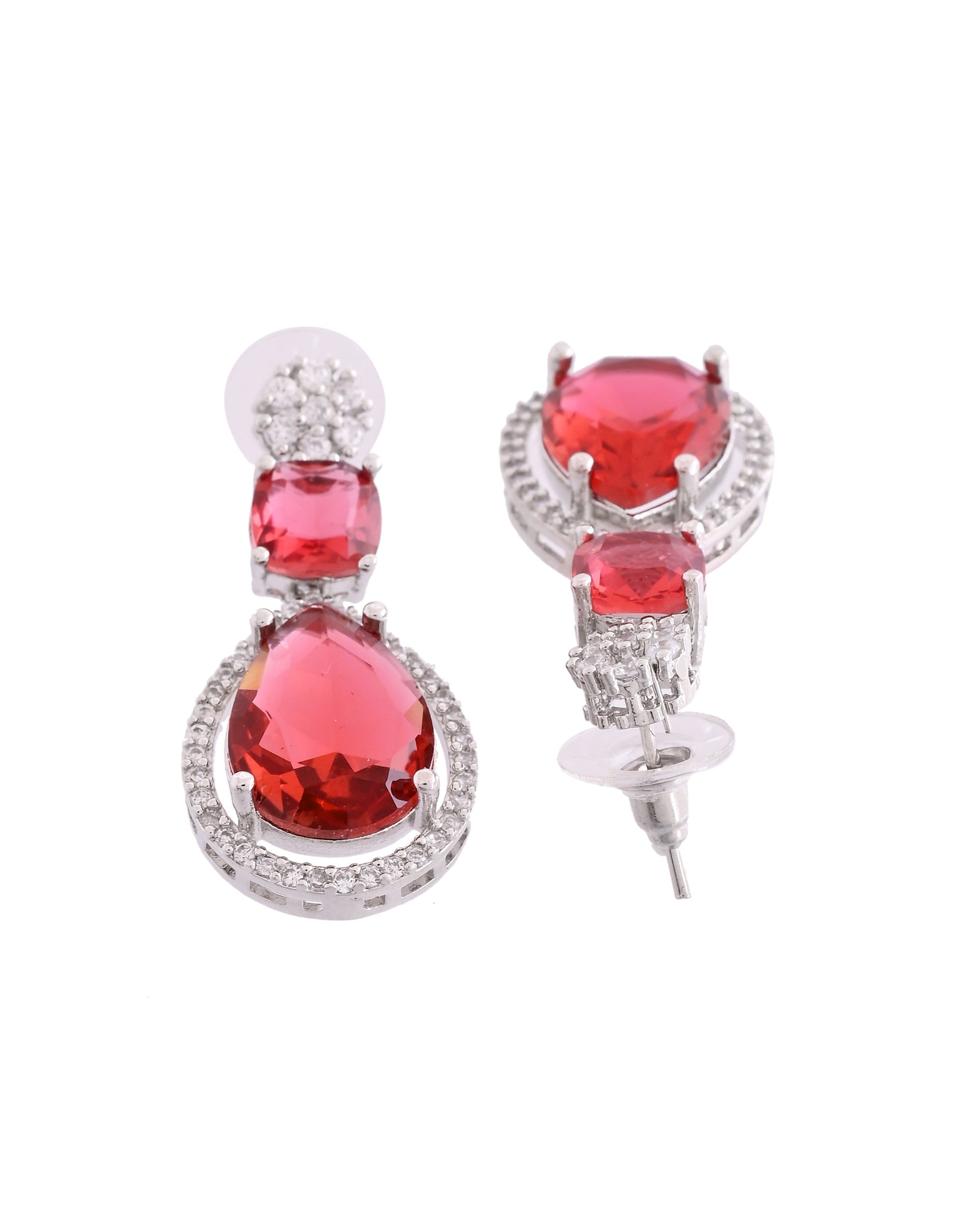 VOJ Silver Plated Red Stone Studded Ad Earrings - Swadesiicart