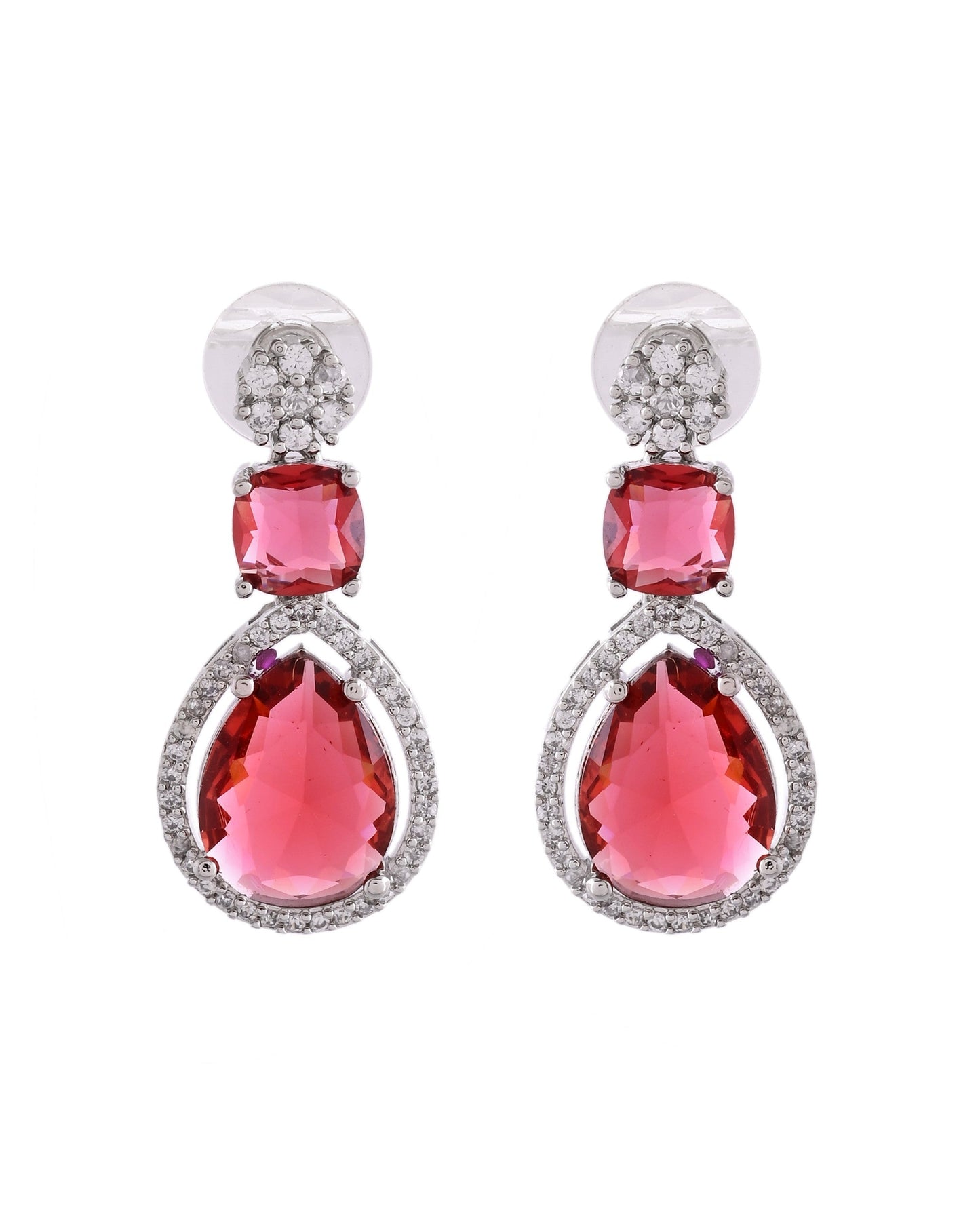 VOJ Silver Plated Red Stone Studded Ad Earrings - Swadesiicart