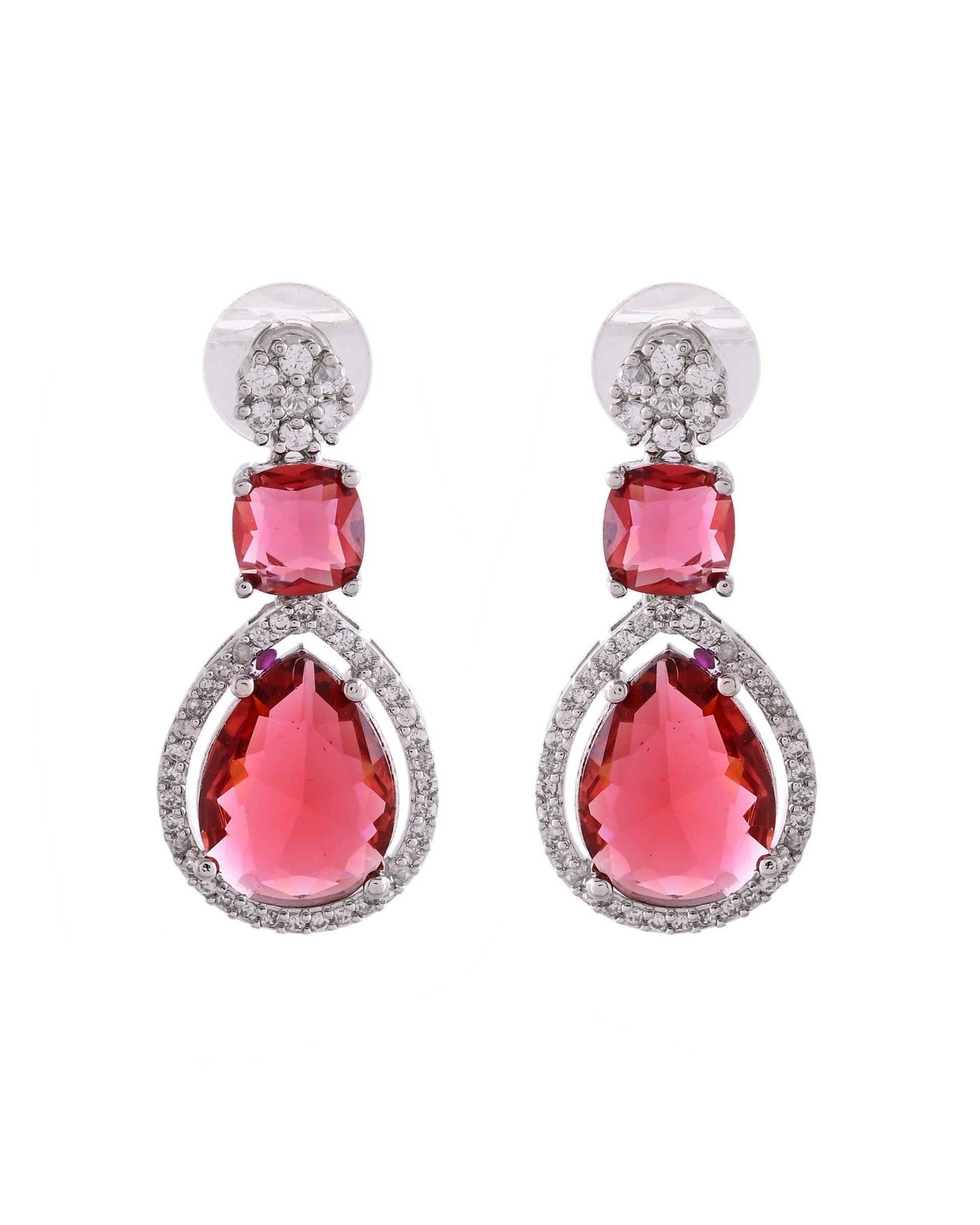 VOJ Silver Plated Red Stone Studded Ad Earrings - Swadesiicart