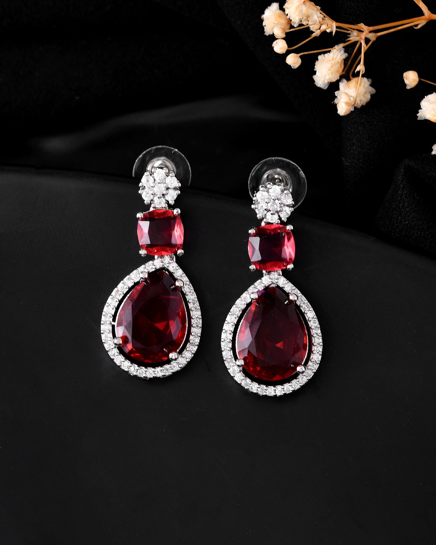 VOJ Silver Plated Red Stone Studded Ad Earrings - Swadesiicart