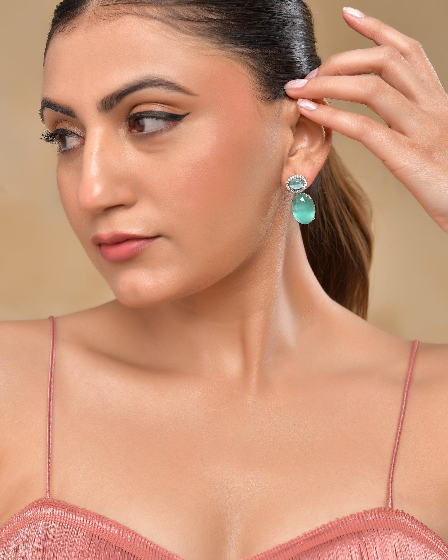VOJ Silver Plated Sea Green Stone Studded Ad Earrings - Swadesiicart
