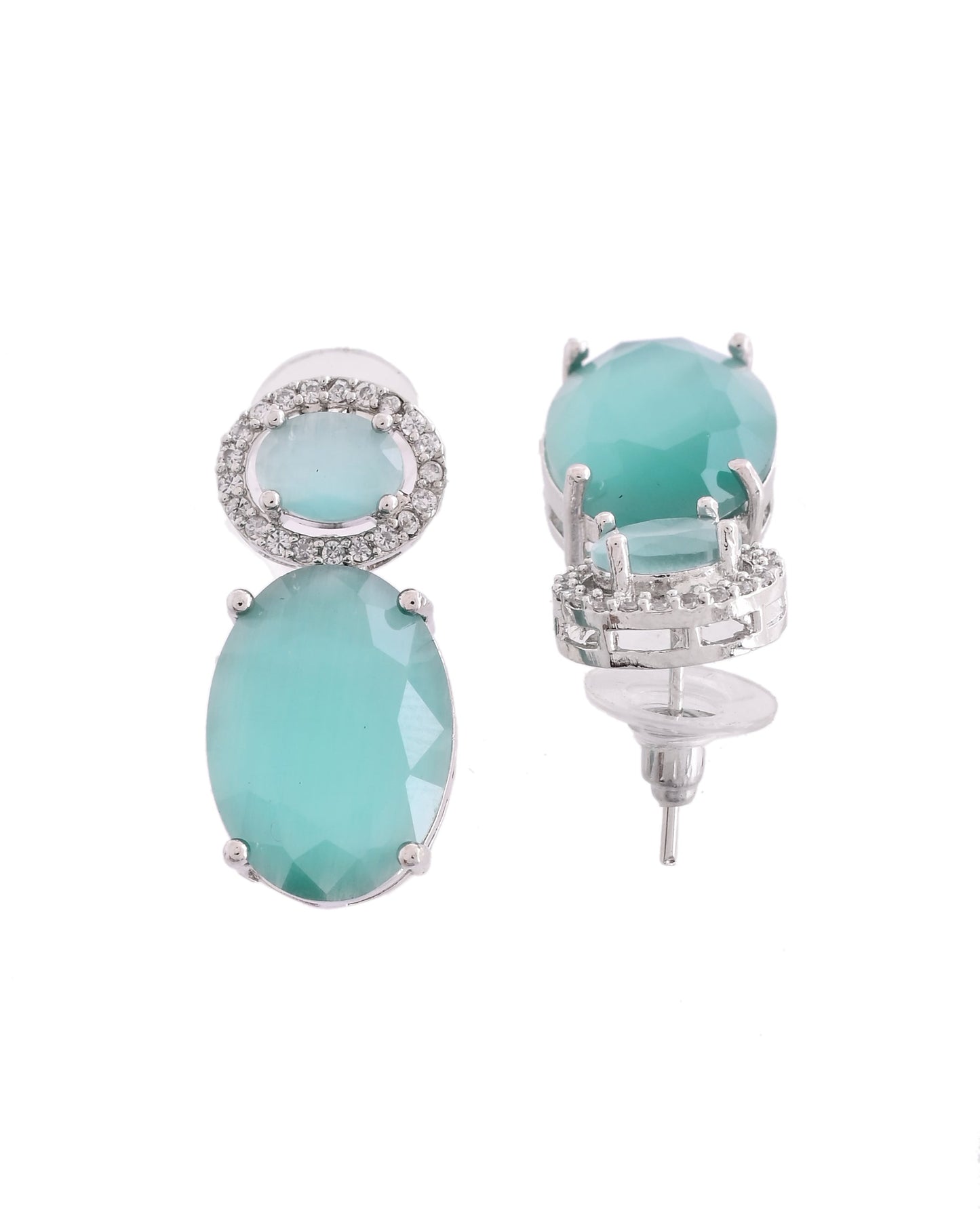 VOJ Silver Plated Sea Green Stone Studded Ad Earrings - Swadesiicart