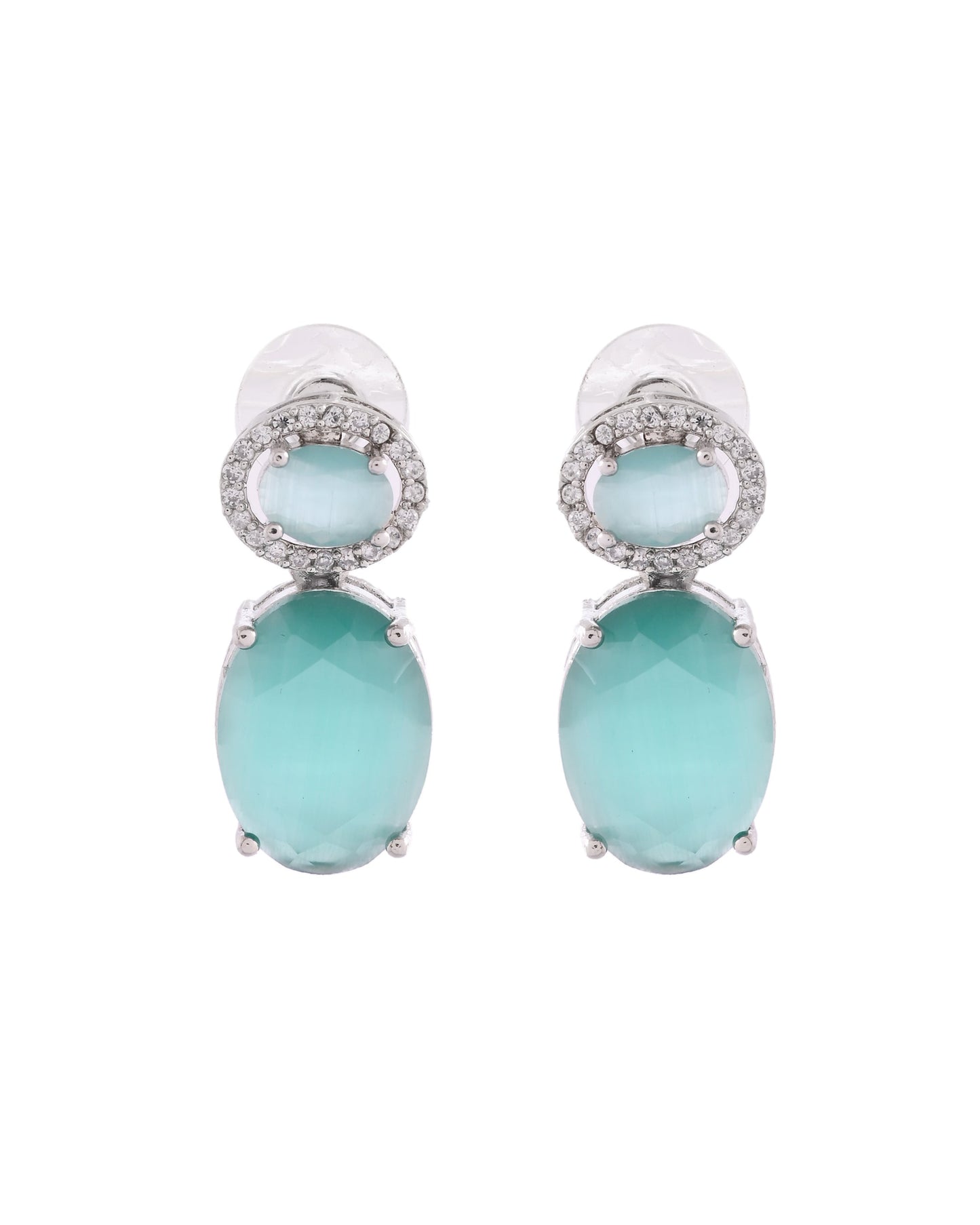 VOJ Silver Plated Sea Green Stone Studded Ad Earrings - Swadesiicart