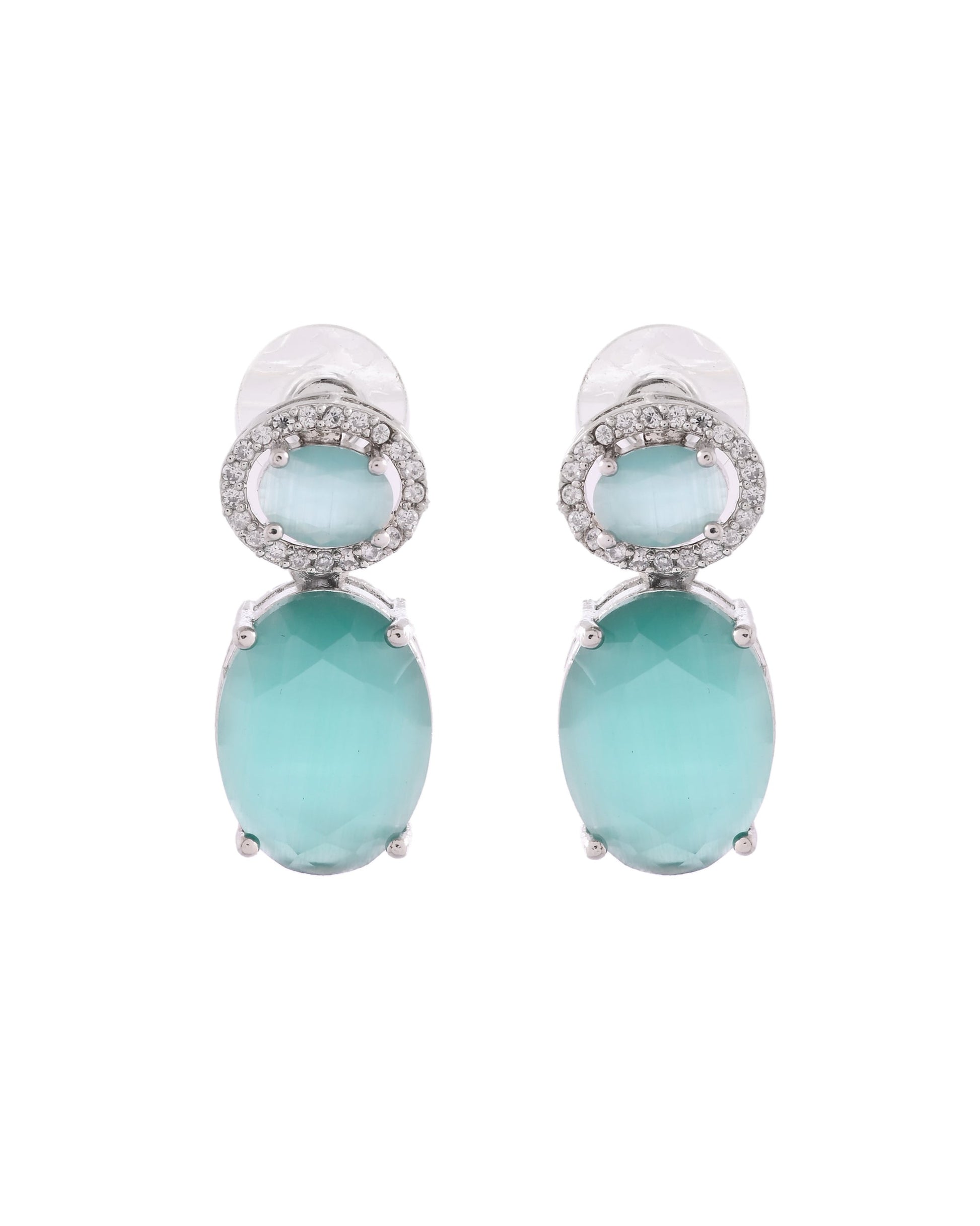 VOJ Silver Plated Sea Green Stone Studded Ad Earrings - Swadesiicart